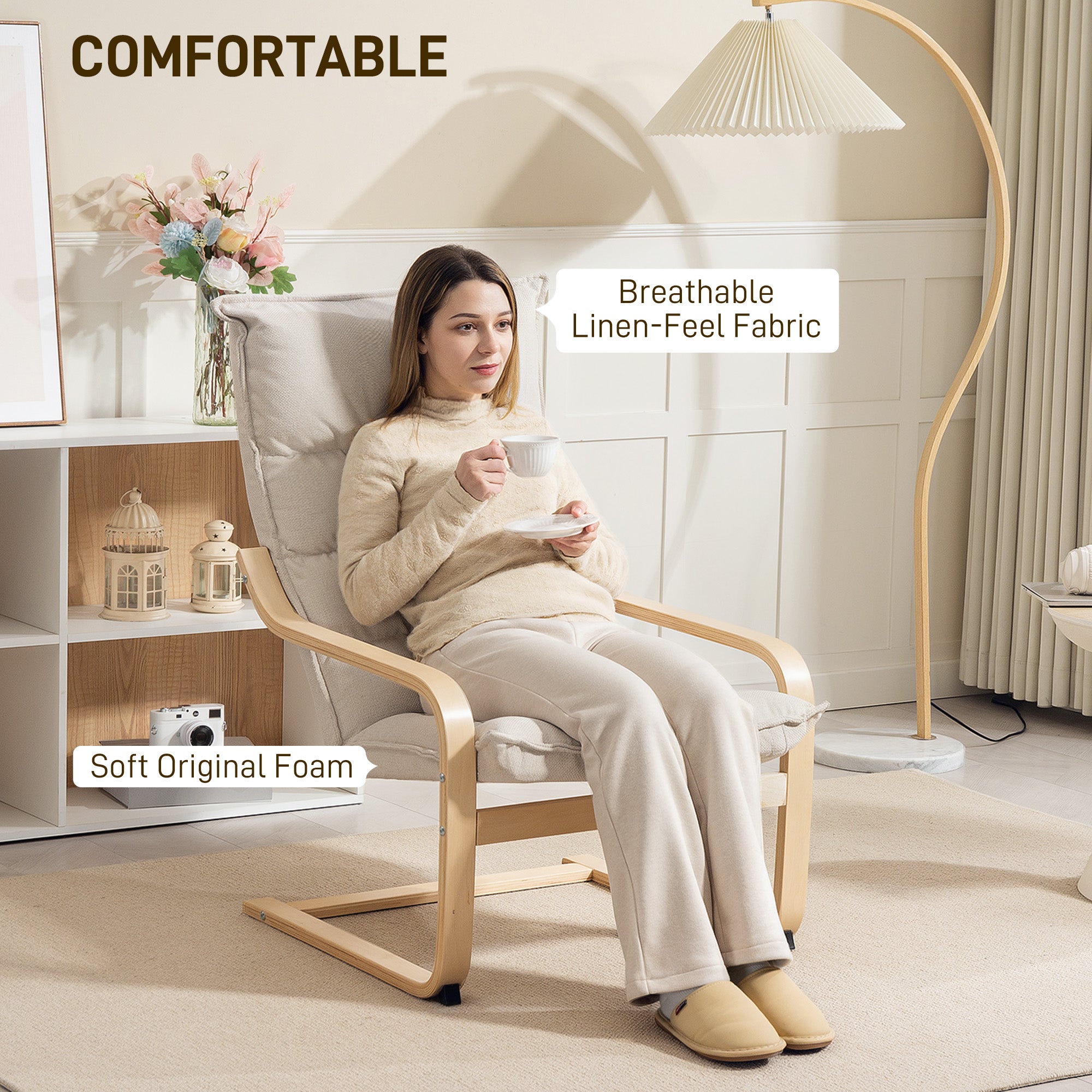 HOMCOM Modern Armchair, Upholstered Linen Accent Chair with Curved Leg and Arm, Leisure Lounge Chair for Living Room, Bedroom, Balcony, Office, Cream White
