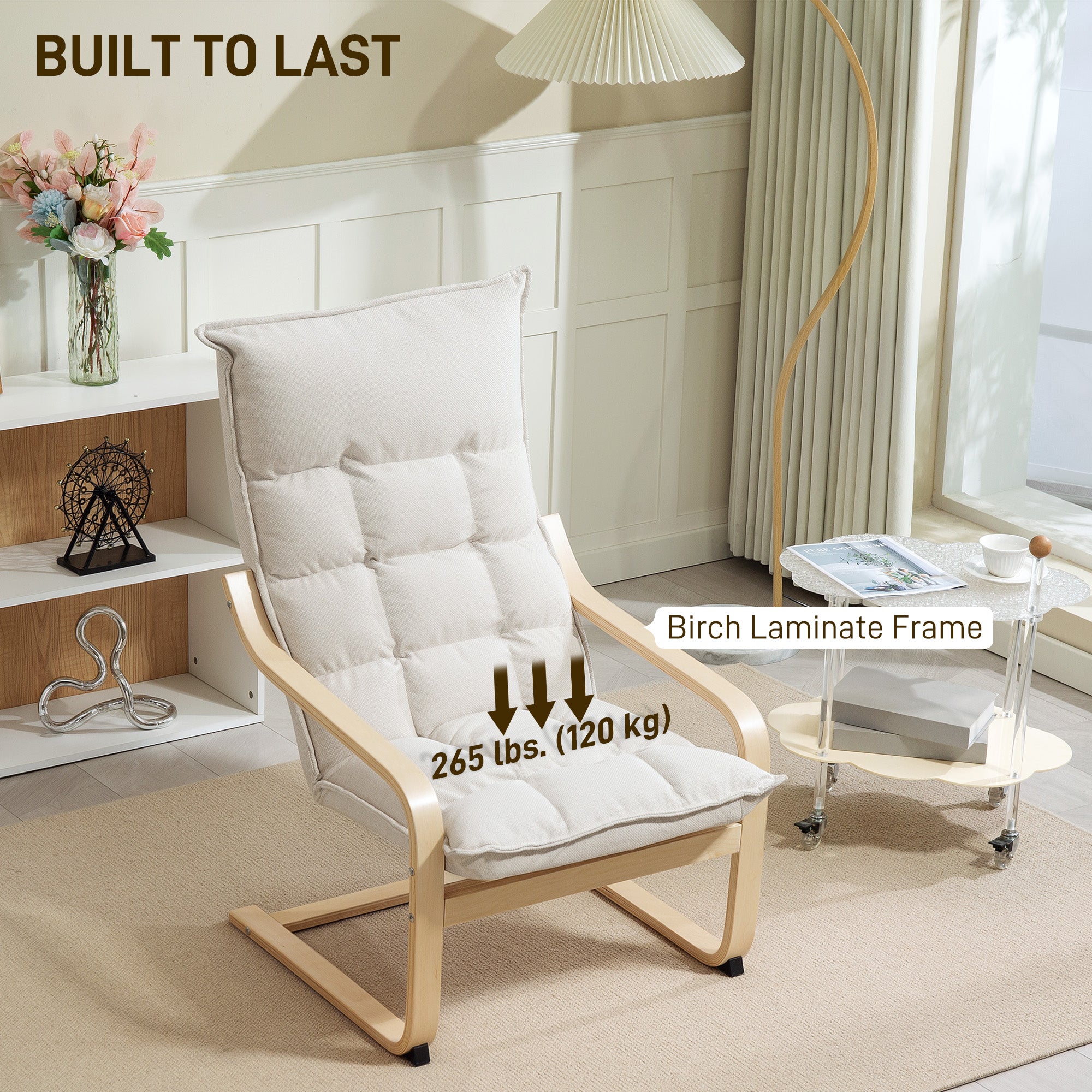 HOMCOM Modern Armchair, Upholstered Linen Accent Chair with Curved Leg and Arm, Leisure Lounge Chair for Living Room, Bedroom, Balcony, Office, Cream White