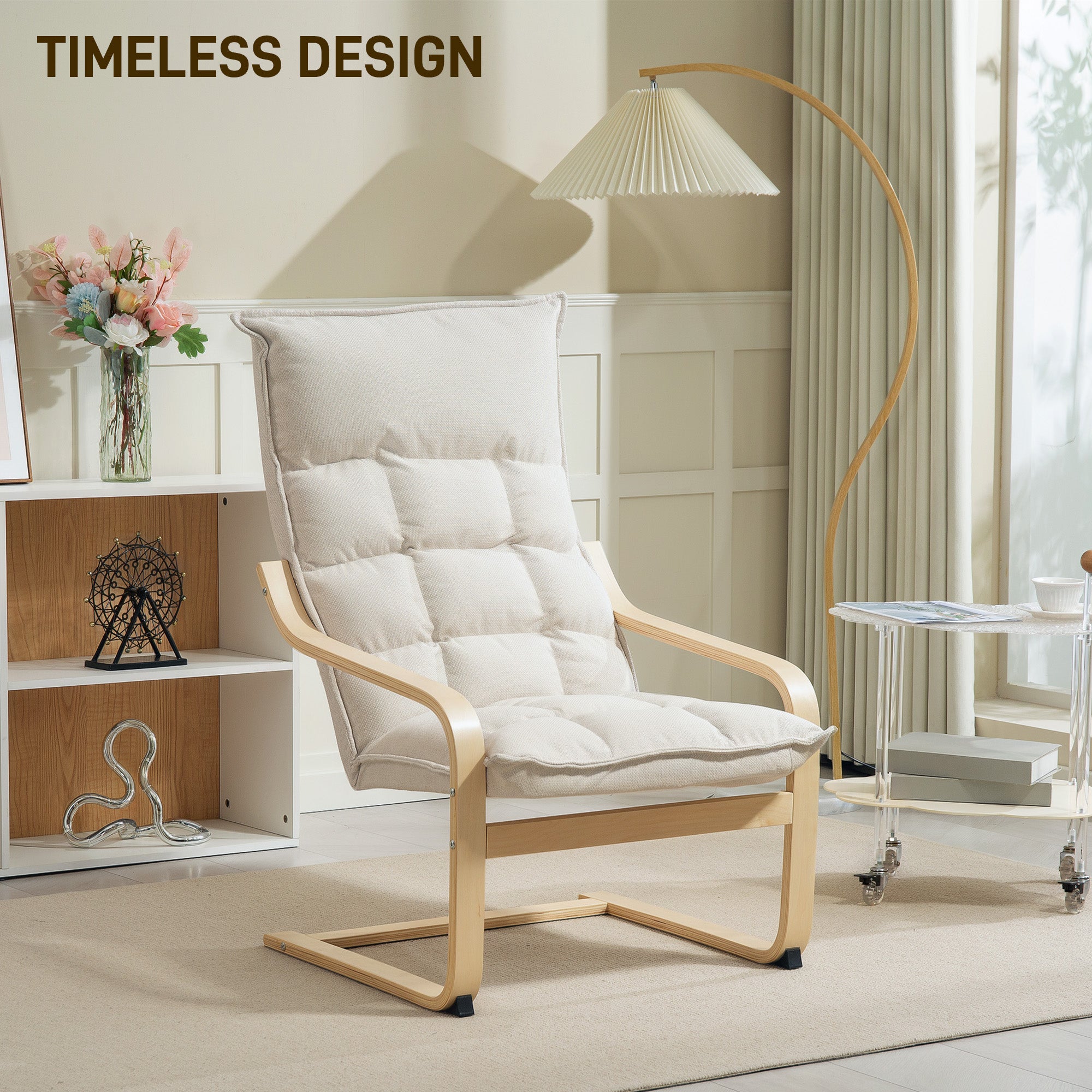 HOMCOM Modern Armchair, Upholstered Linen Accent Chair with Curved Leg and Arm, Leisure Lounge Chair for Living Room, Bedroom, Balcony, Office, Cream White