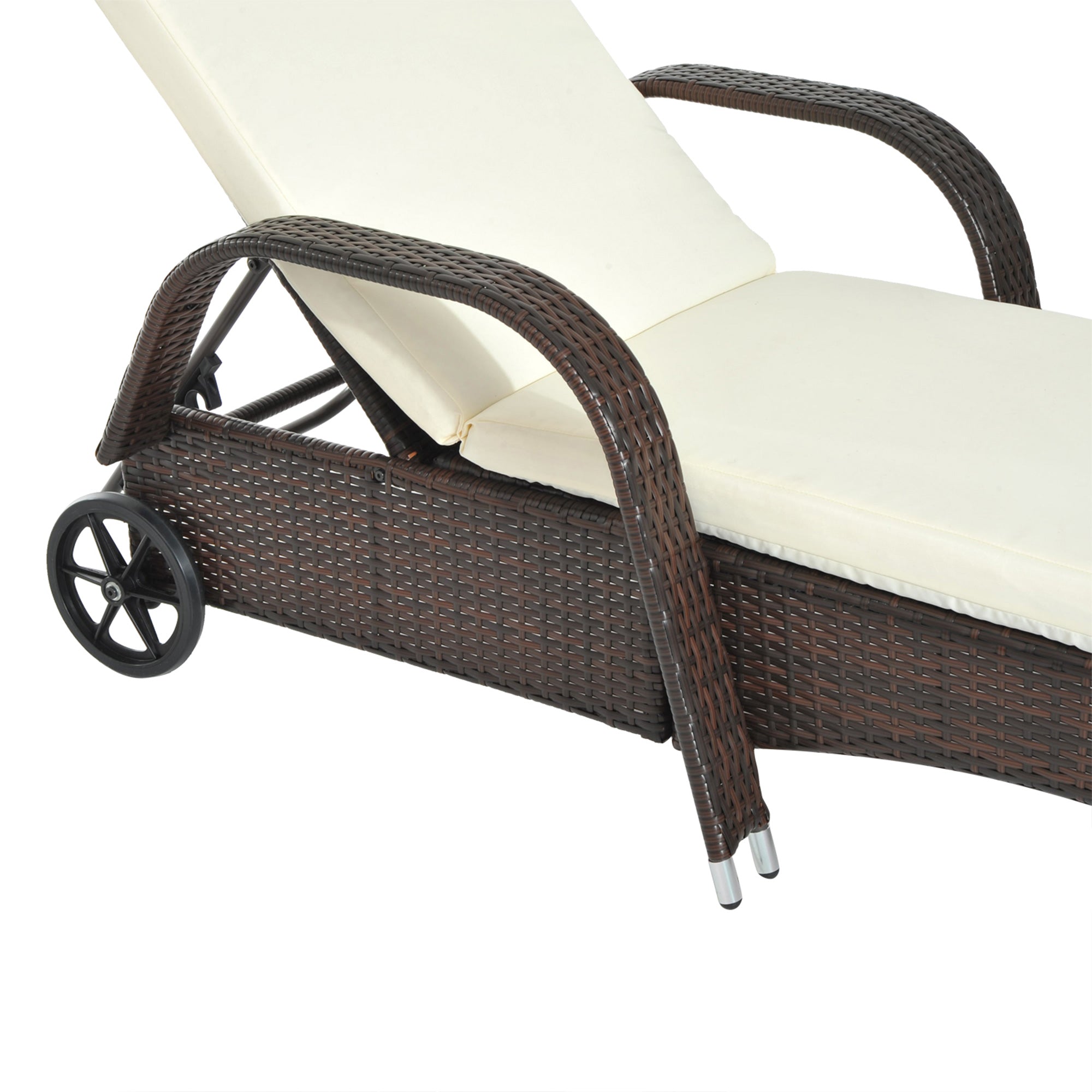 Outsunny Wicker Chaise Lounge, Outdoor Lounge Chair, PE Rattan Patio Sun lounger with Head-rest, 5-Level Height Adjust Backrest, Cushion & Wheels, Mixed Brown and Cream White