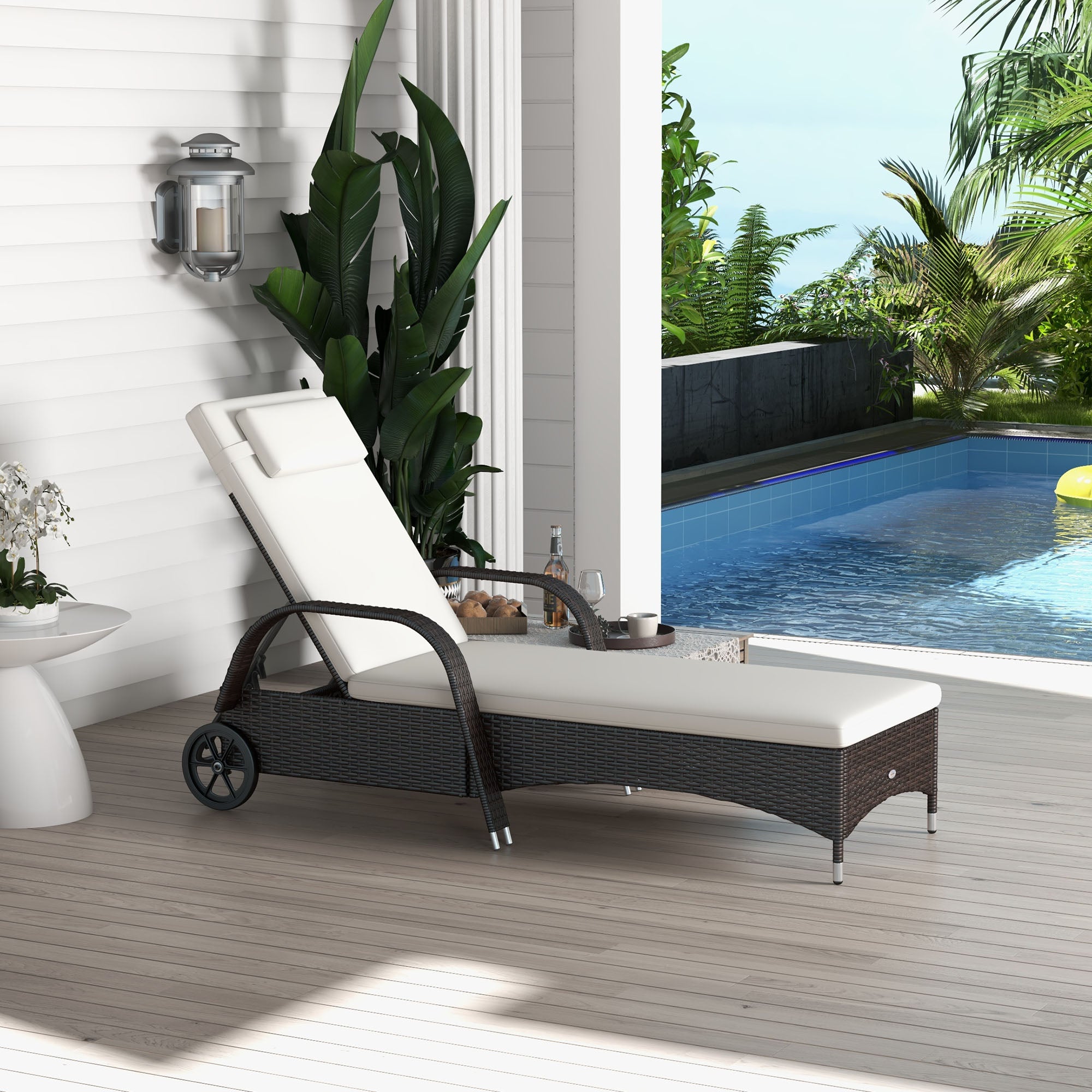 Outsunny Wicker Chaise Lounge, Outdoor Lounge Chair, PE Rattan Patio Sun lounger with Head-rest, 5-Level Height Adjust Backrest, Cushion & Wheels, Mixed Brown and Cream White