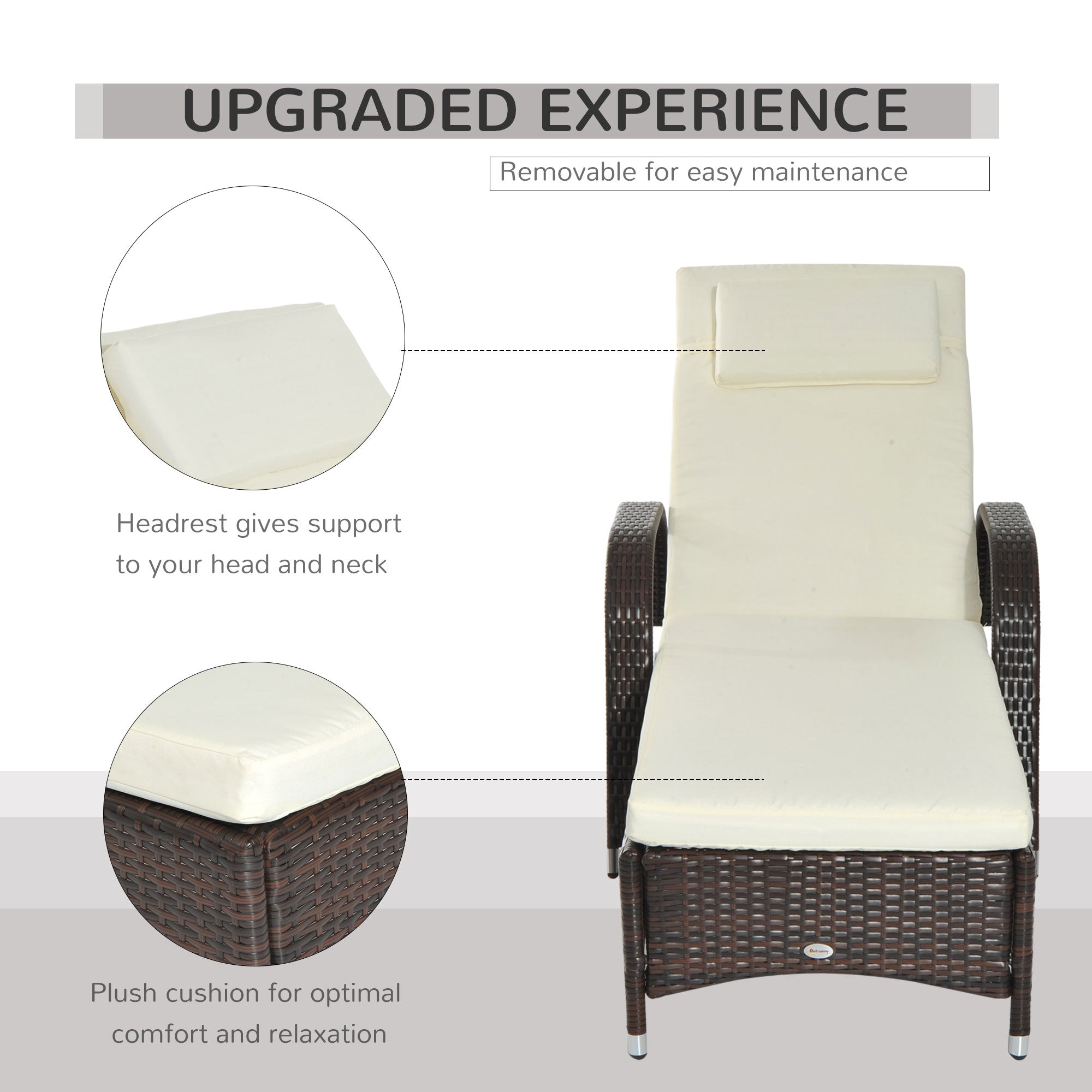 Outsunny Wicker Chaise Lounge, Outdoor Lounge Chair, PE Rattan Patio Sun lounger with Head-rest, 5-Level Height Adjust Backrest, Cushion & Wheels, Mixed Brown and Cream White