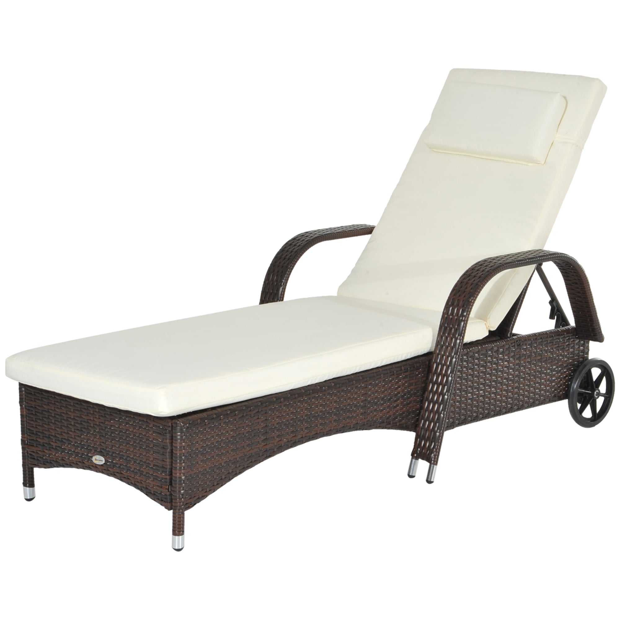 Outsunny Wicker Chaise Lounge, Outdoor Lounge Chair, PE Rattan Patio Sun lounger with Head-rest, 5-Level Height Adjust Backrest, Cushion & Wheels, Mixed Brown and Cream White