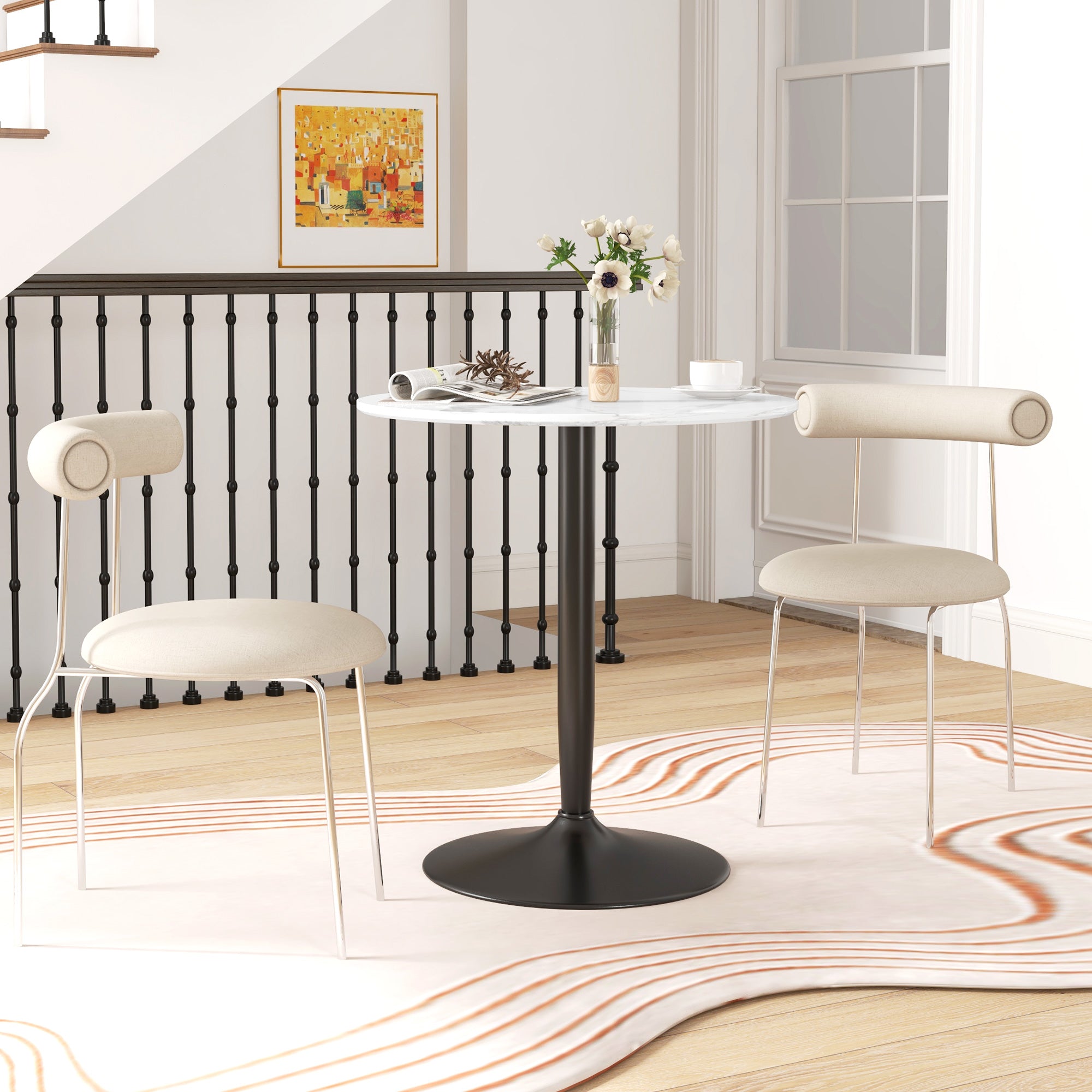 HOMCOM Round Dining Table for 2, Modern Kitchen Table with Painted Top and Steel Base for Living Room, Dining Room, White Marble