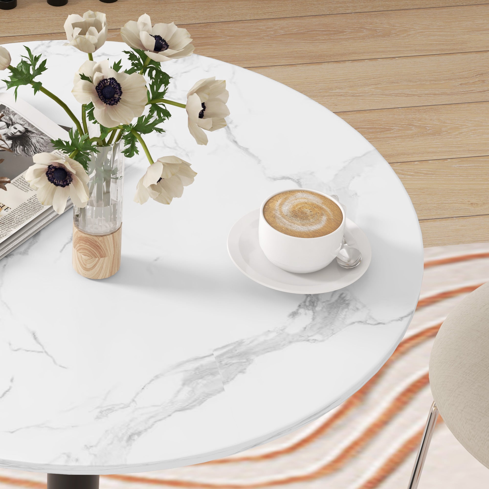 HOMCOM Round Dining Table for 2, Modern Kitchen Table with Painted Top and Steel Base for Living Room, Dining Room, White Marble