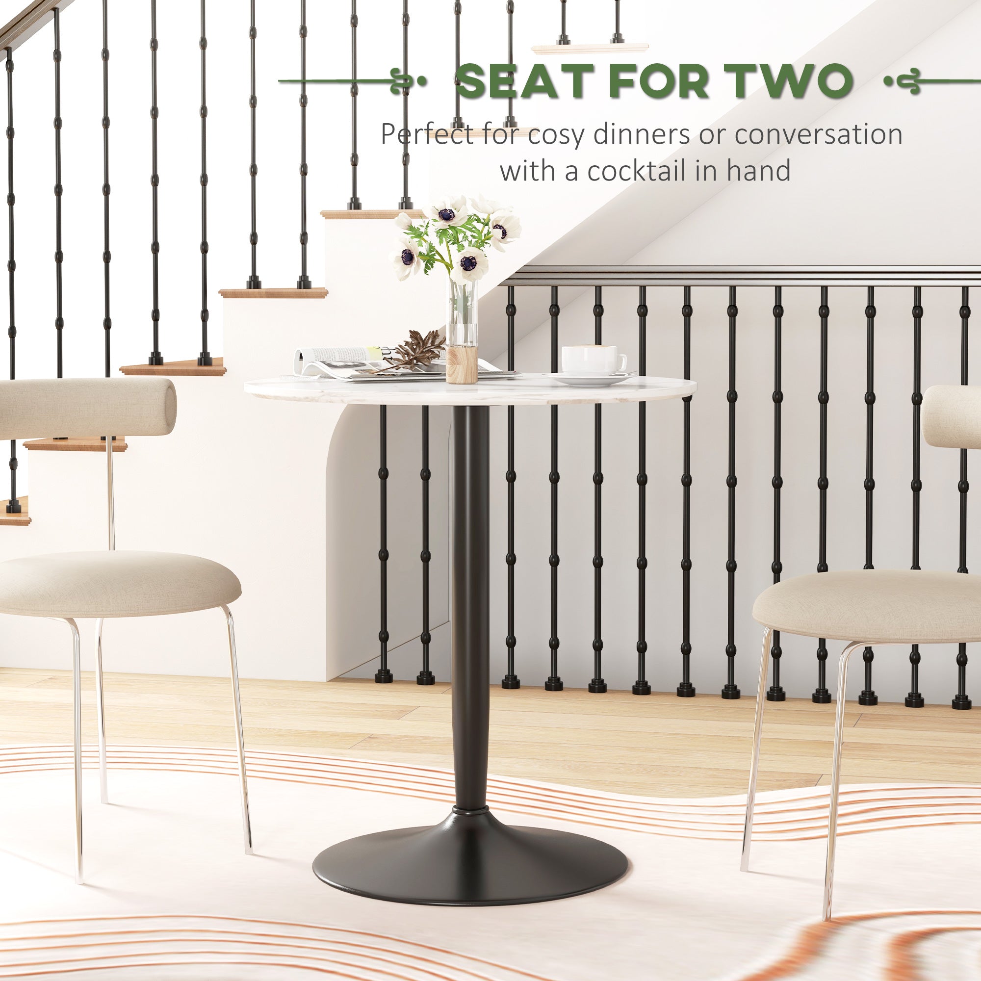 HOMCOM Round Dining Table for 2, Modern Kitchen Table with Painted Top and Steel Base for Living Room, Dining Room, White Marble