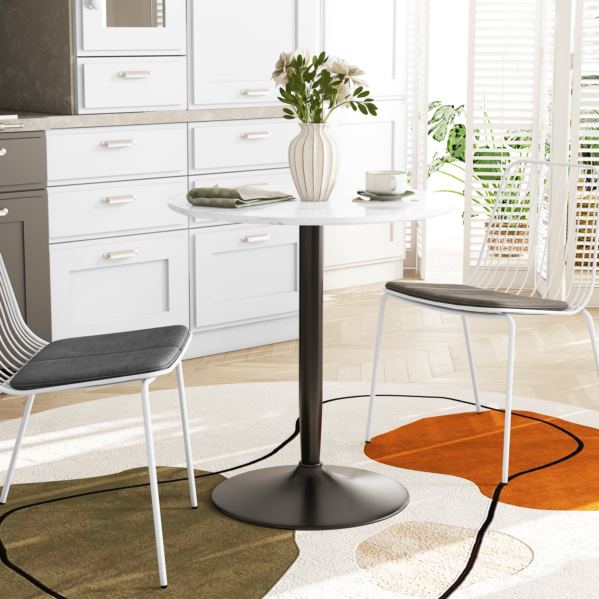 HOMCOM Round Dining Table for 2, Modern Kitchen Table with Painted Top and Steel Base for Living Room, Dining Room, White Marble