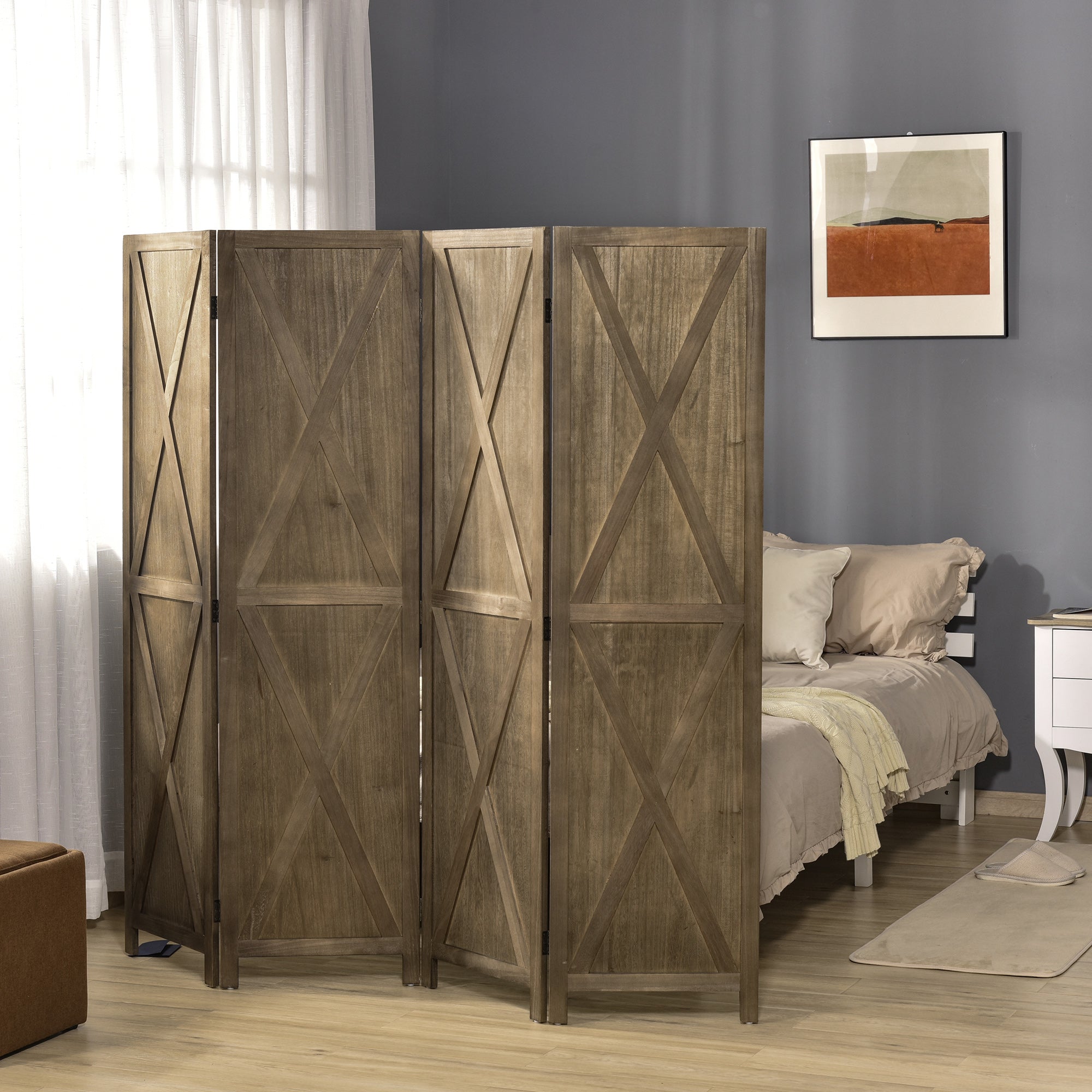 HOMCOM 4 Panel Room Divider, 5.6 Ft Folding Privacy Screen, Freestanding Wooden Wall Partition for Bedroom, Office, Brown