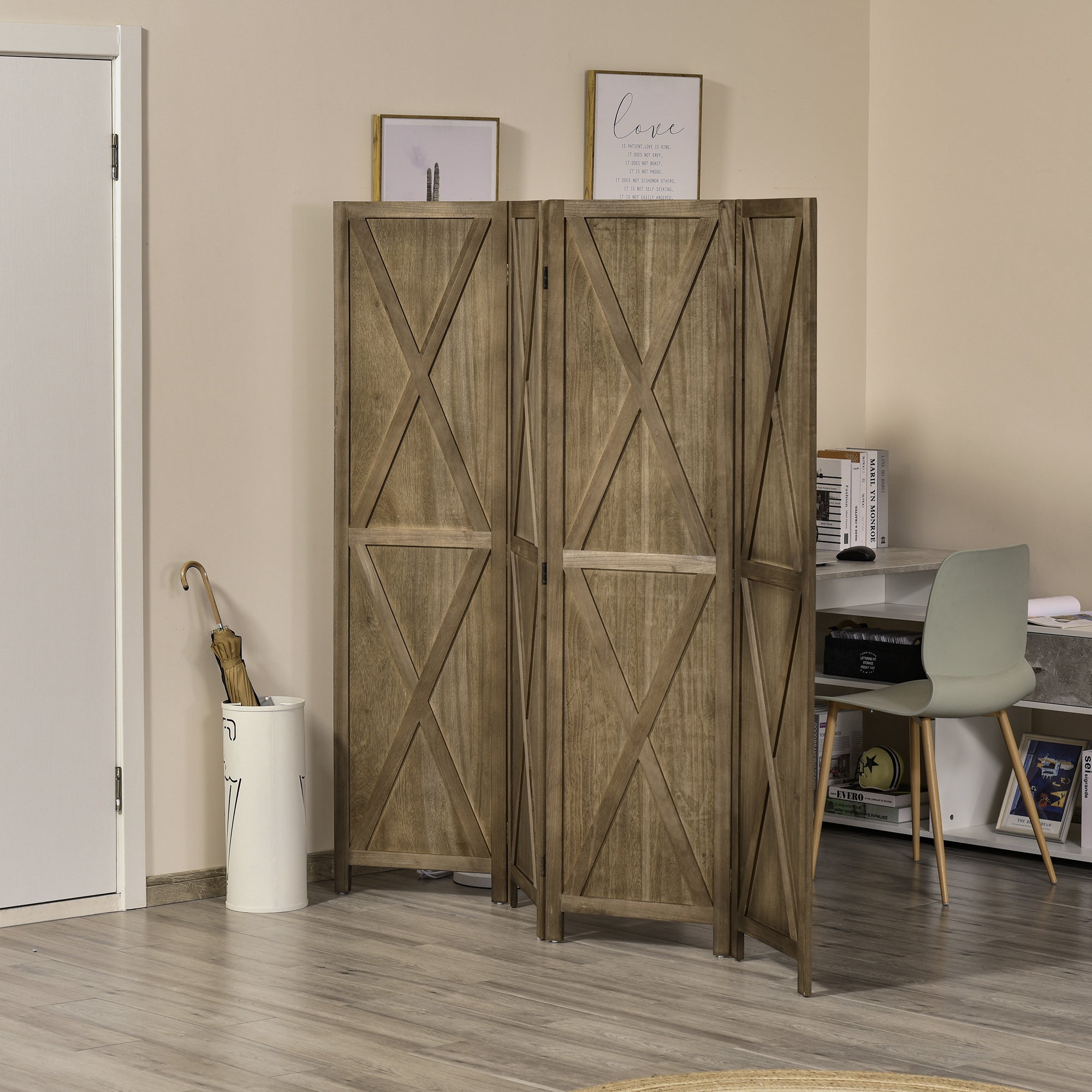 HOMCOM 4 Panel Room Divider, 5.6 Ft Folding Privacy Screen, Freestanding Wooden Wall Partition for Bedroom, Office, Brown