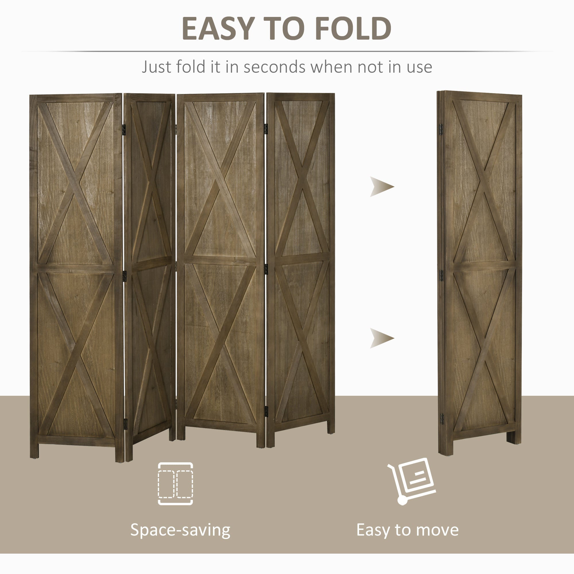 HOMCOM 4 Panel Room Divider, 5.6 Ft Folding Privacy Screen, Freestanding Wooden Wall Partition for Bedroom, Office, Brown