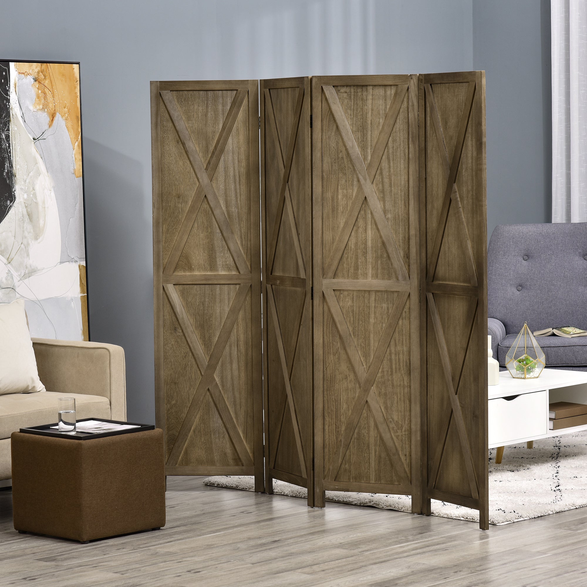 HOMCOM 4 Panel Room Divider, 5.6 Ft Folding Privacy Screen, Freestanding Wooden Wall Partition for Bedroom, Office, Brown