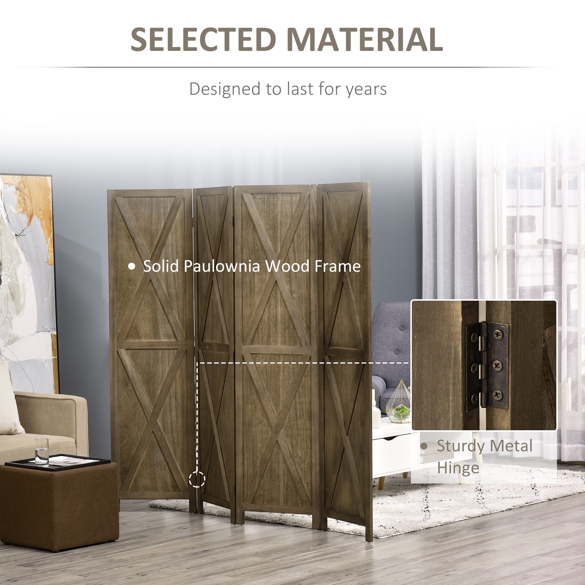 HOMCOM 4 Panel Room Divider, 5.6 Ft Folding Privacy Screen, Freestanding Wooden Wall Partition for Bedroom, Office, Brown