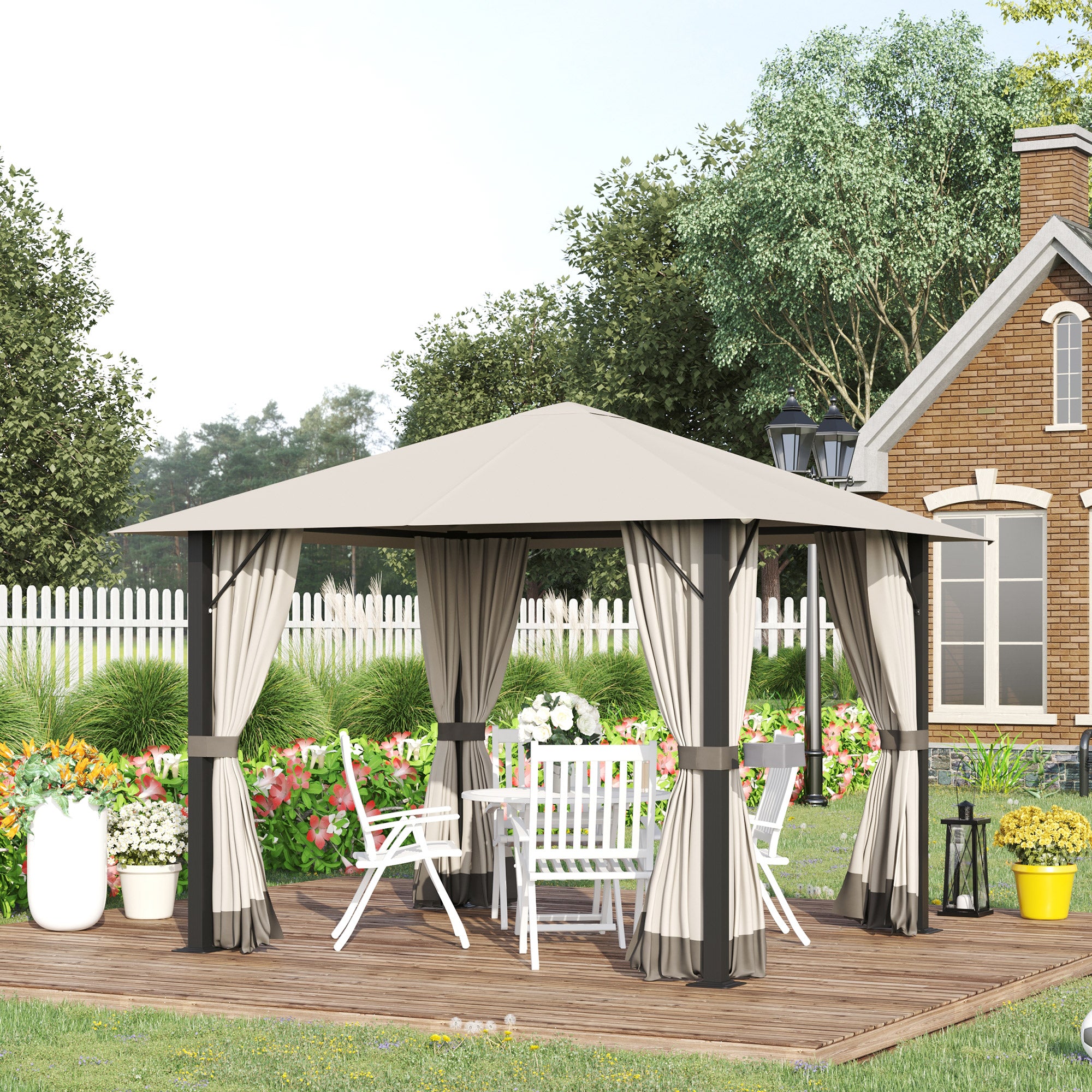 Outsunny 10' x 10' Patio Gazebo Outdoor Aluminum Frame Canopy Shelter with Curtains, Vented Roof for Garden, Lawn, Backyard and Deck, Khaki