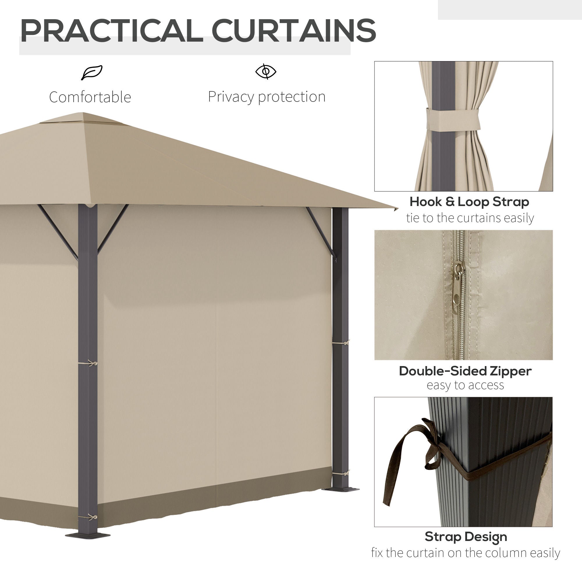 Outsunny 10' x 10' Patio Gazebo Outdoor Aluminum Frame Canopy Shelter with Curtains, Vented Roof for Garden, Lawn, Backyard and Deck, Khaki