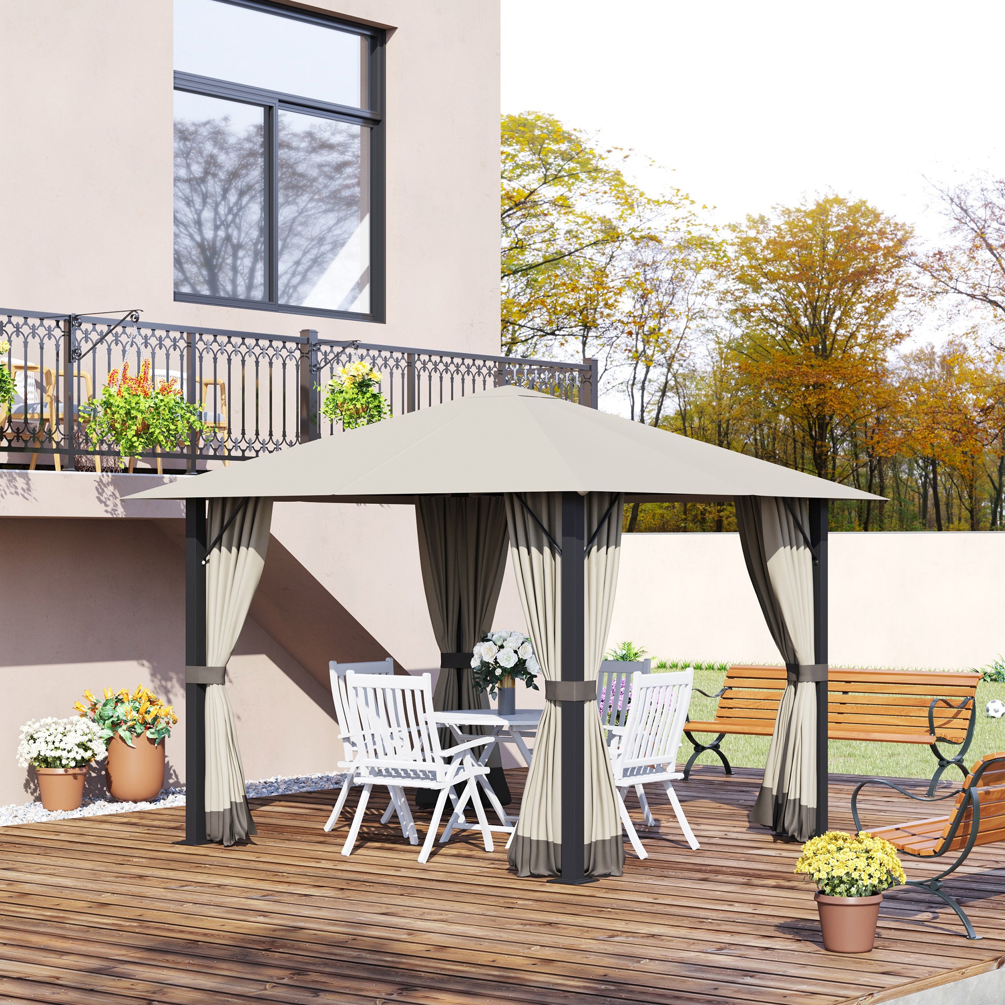 Outsunny 10' x 10' Patio Gazebo Outdoor Aluminum Frame Canopy Shelter with Curtains, Vented Roof for Garden, Lawn, Backyard and Deck, Khaki