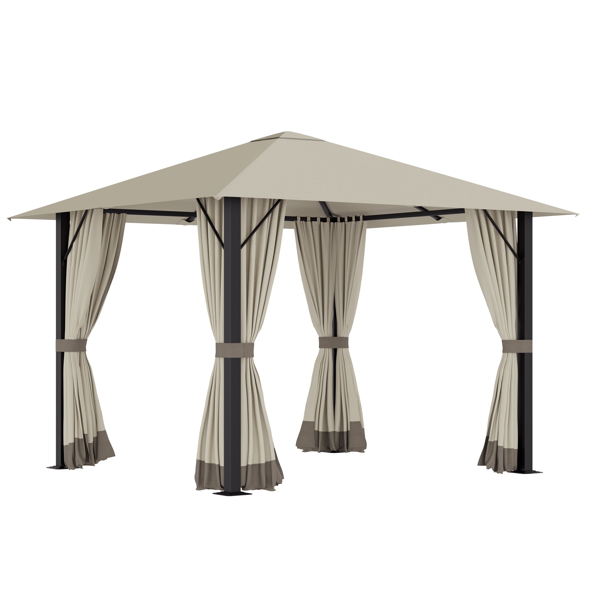Outsunny 10' x 10' Patio Gazebo Outdoor Aluminum Frame Canopy Shelter with Curtains, Vented Roof for Garden, Lawn, Backyard and Deck, Khaki