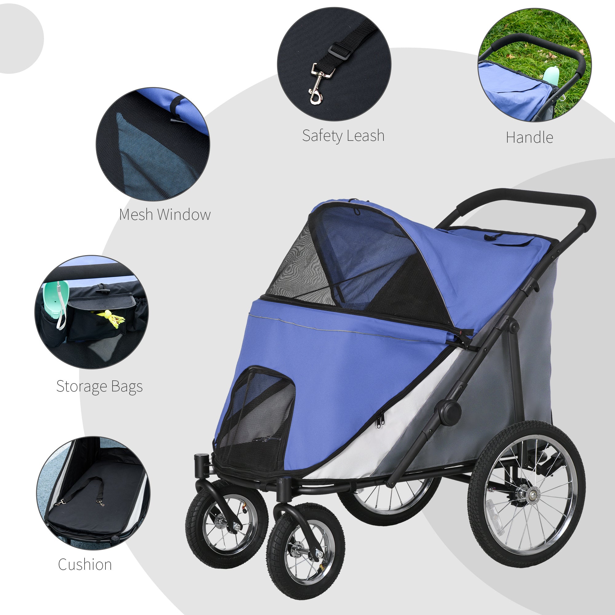 PawHut Dog Stroller for Medium and Large Dogs and Cats, Easy Fold Pet Stroller with Washable Cushion, Storage Bags, Safety Leash for Outdoor, Blue