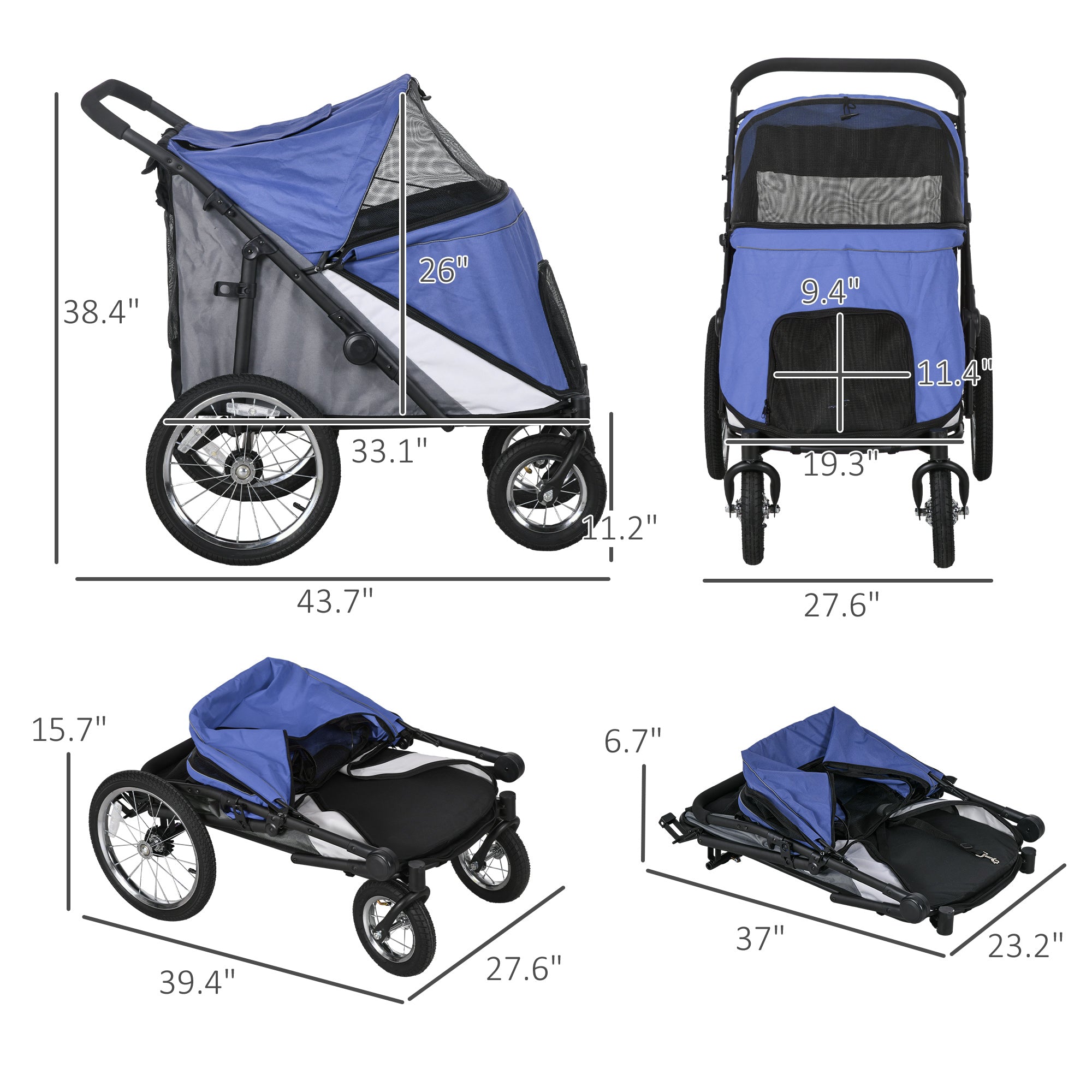 PawHut Dog Stroller for Medium and Large Dogs and Cats, Easy Fold Pet Stroller with Washable Cushion, Storage Bags, Safety Leash for Outdoor, Blue
