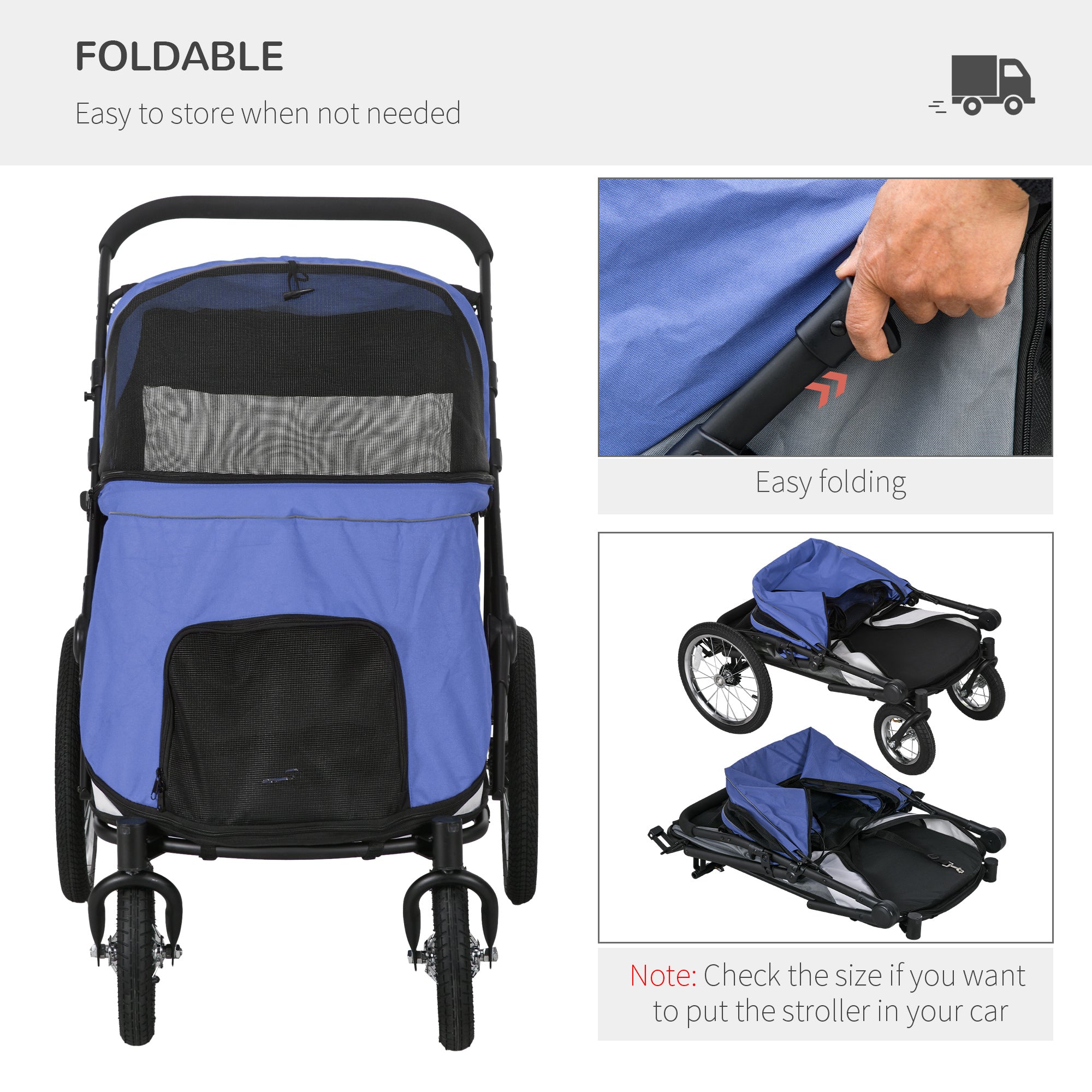 PawHut Dog Stroller for Medium and Large Dogs and Cats, Easy Fold Pet Stroller with Washable Cushion, Storage Bags, Safety Leash for Outdoor, Blue