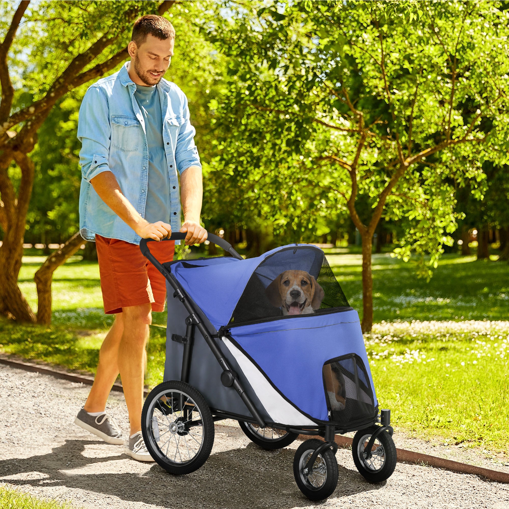 PawHut Dog Stroller for Medium and Large Dogs and Cats, Easy Fold Pet Stroller with Washable Cushion, Storage Bags, Safety Leash for Outdoor, Blue