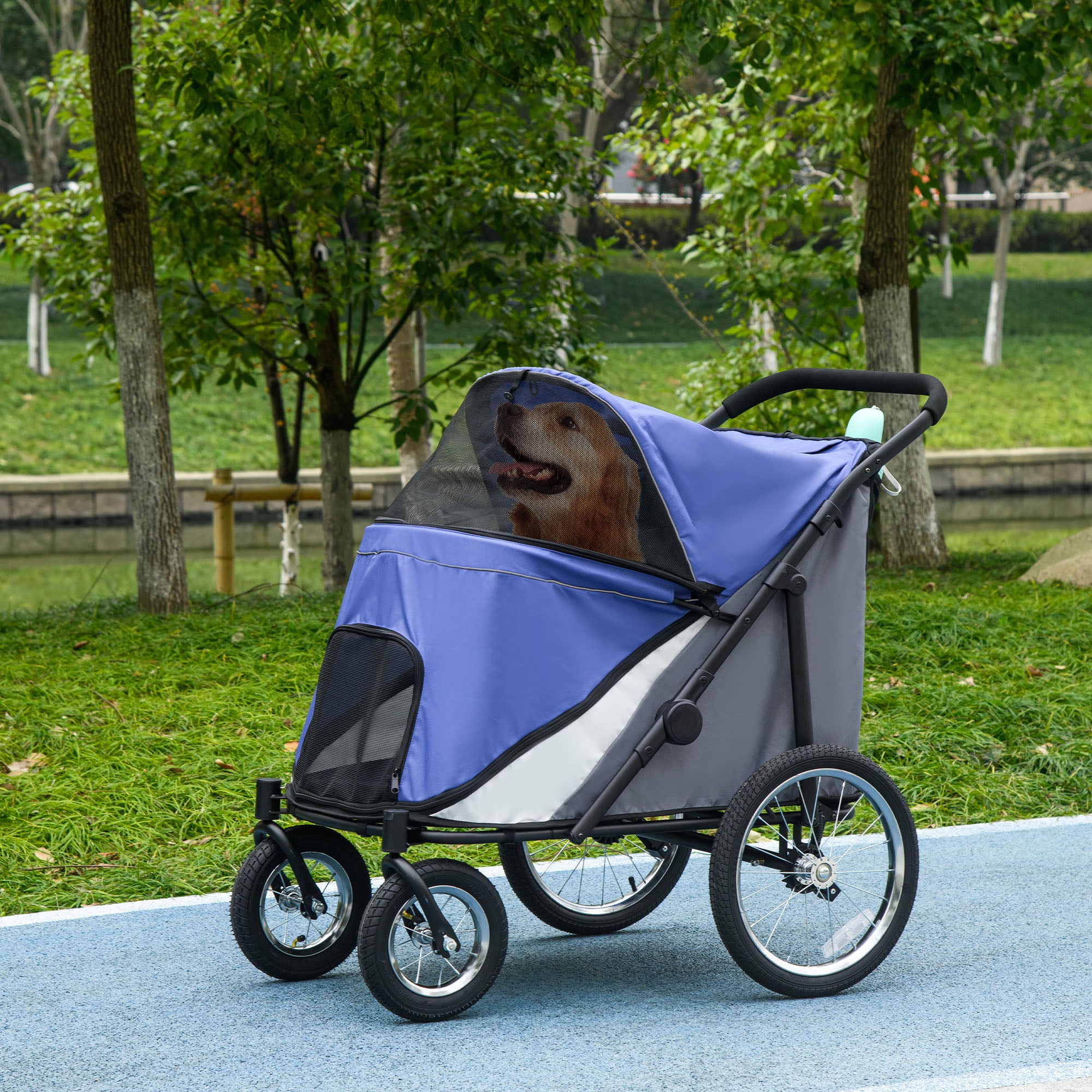 PawHut Dog Stroller for Medium and Large Dogs and Cats, Easy Fold Pet Stroller with Washable Cushion, Storage Bags, Safety Leash for Outdoor, Blue