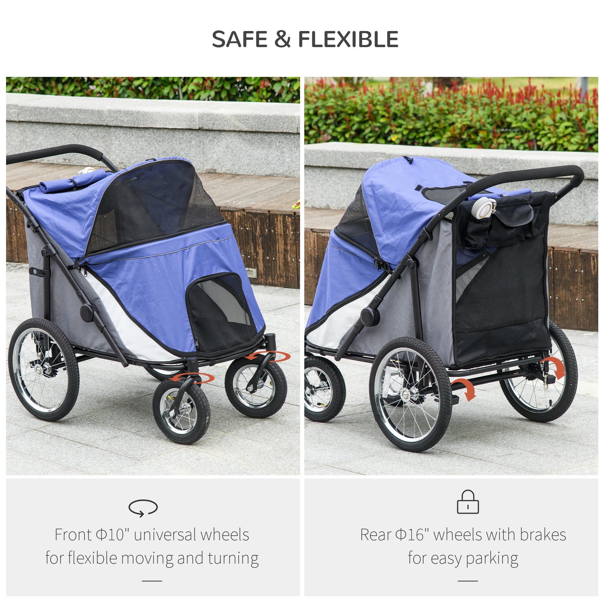 PawHut Dog Stroller for Medium and Large Dogs and Cats, Easy Fold Pet Stroller with Washable Cushion, Storage Bags, Safety Leash for Outdoor, Blue