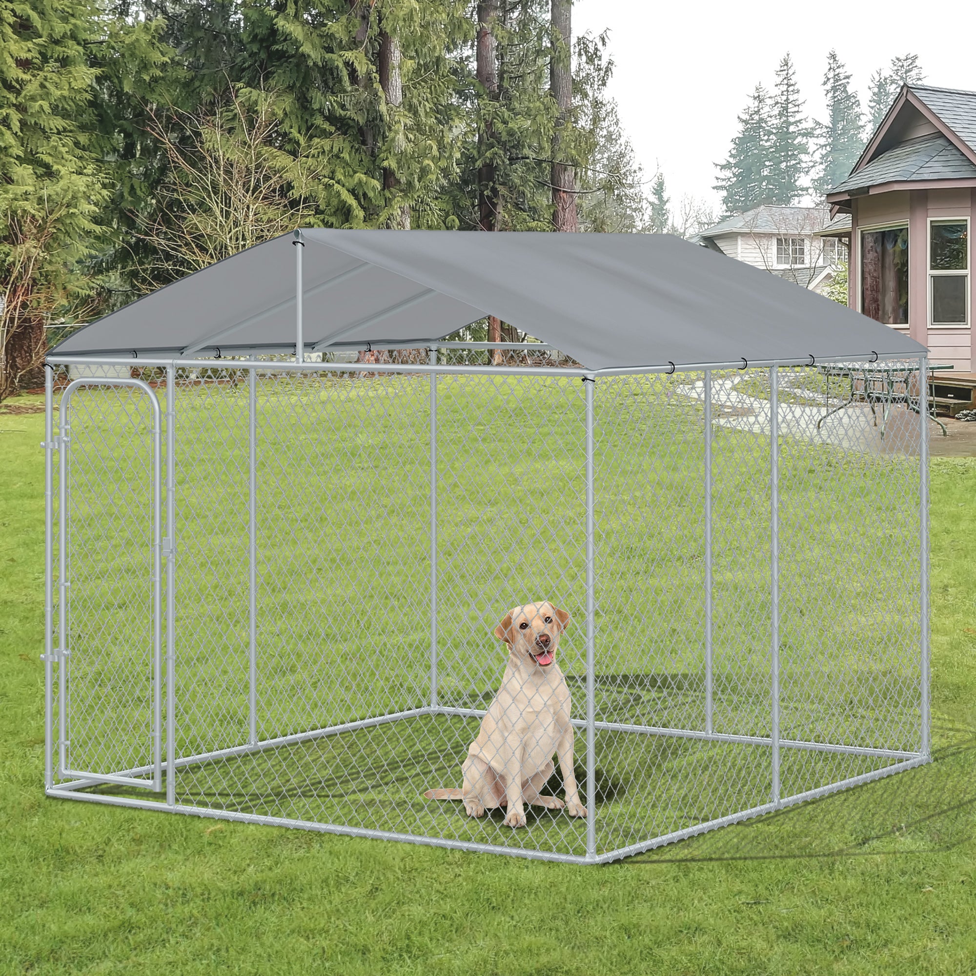 PawHut 9.8' x 9.8' x 7.7' Dog Kennel, Outdoor Dog Run with Waterproof, UV Resistant Roof, Lockable Door for Large-Sized Dogs, Silver
