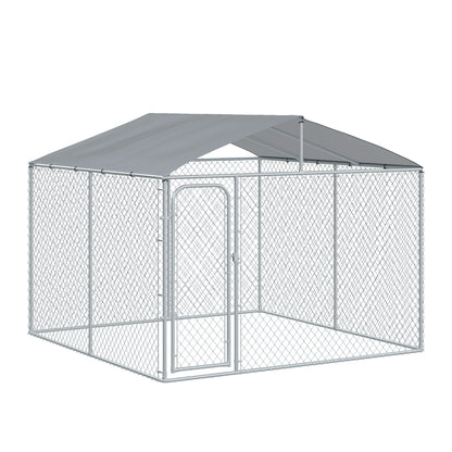 PawHut 9.8' x 9.8' x 7.7' Dog Kennel, Outdoor Dog Run with Waterproof, UV Resistant Roof, Lockable Door for Large-Sized Dogs, Silver
