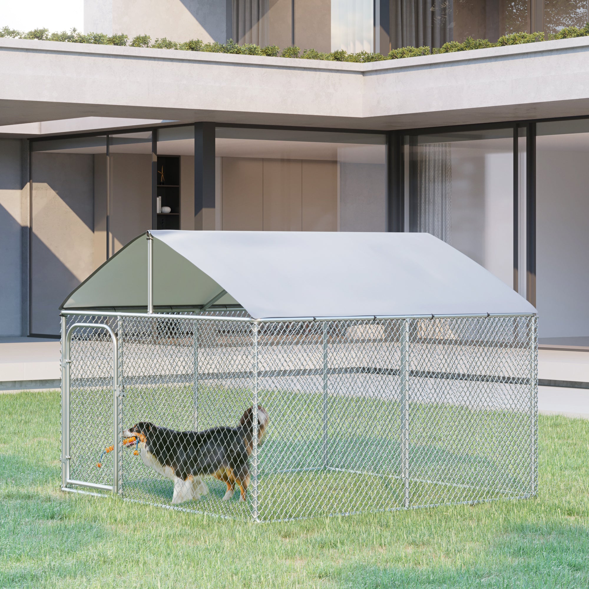 PawHut 10'Lx10'Wx6'H Large Outdoor Dog Kennel Playpen Galvanized Pet Exercise House Cage with Canopy Roof, Silver