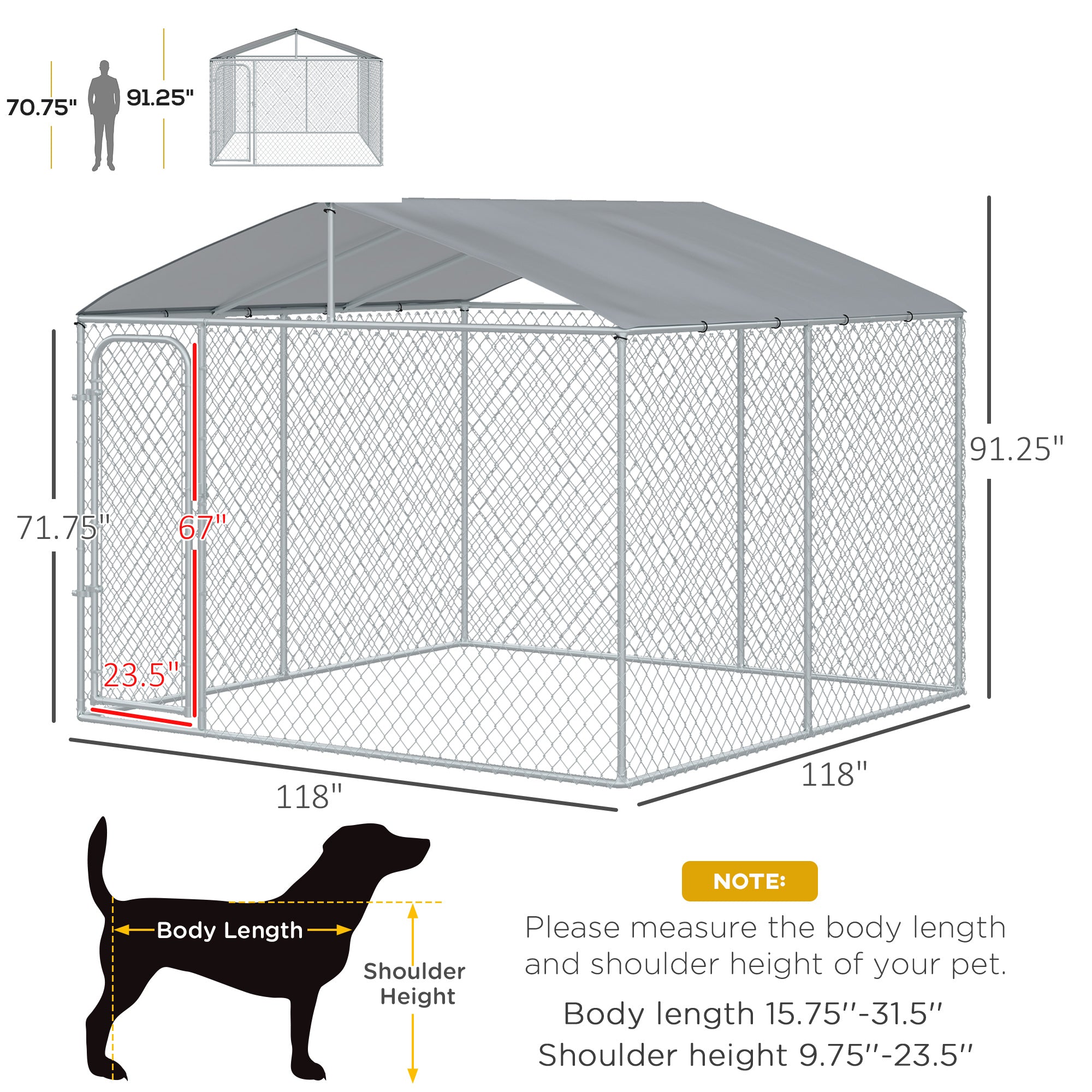 PawHut 10'Lx10'Wx6'H Large Outdoor Dog Kennel Playpen Galvanized Pet Exercise House Cage with Canopy Roof, Silver