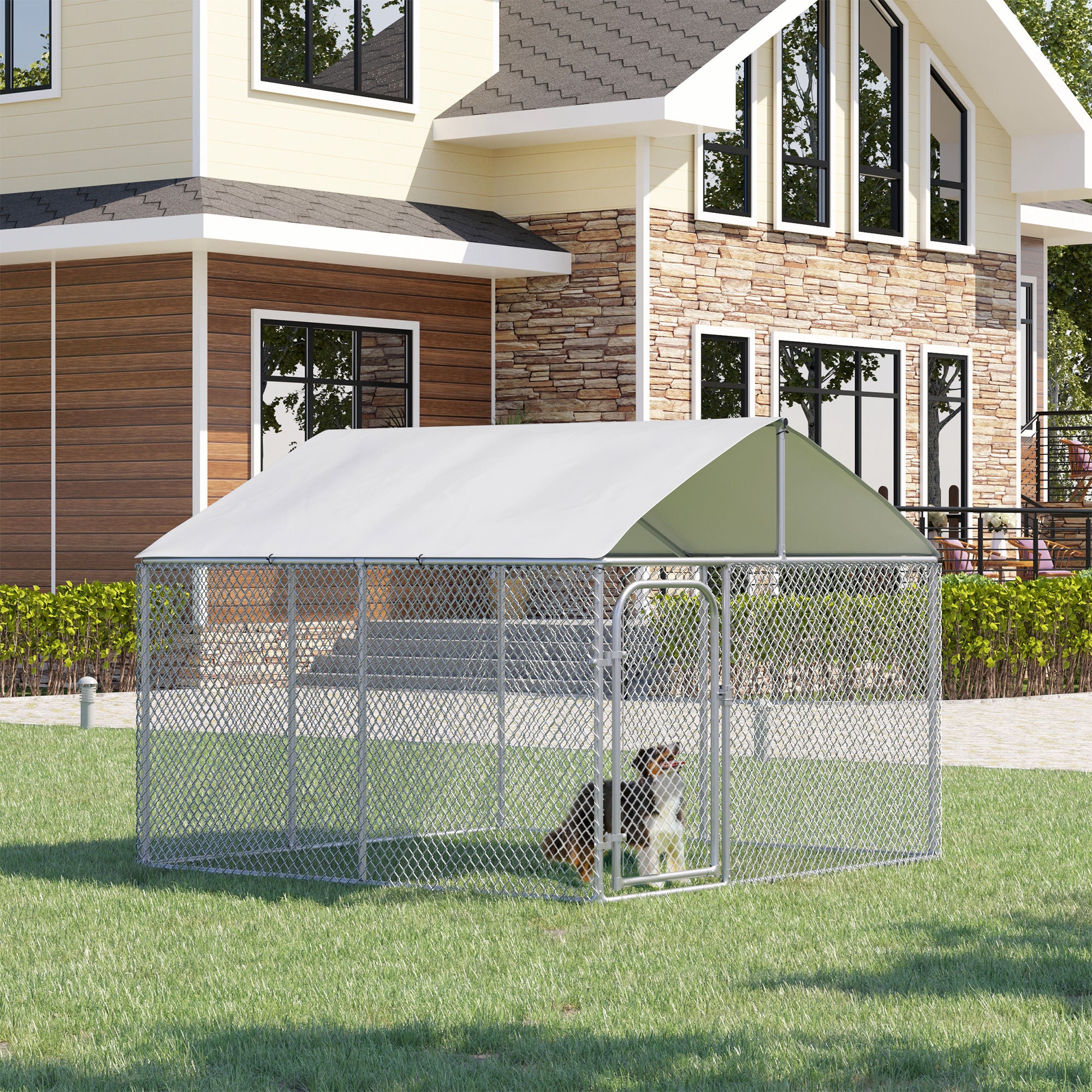 PawHut 10'Lx10'Wx6'H Large Outdoor Dog Kennel Playpen Galvanized Pet Exercise House Cage with Canopy Roof, Silver