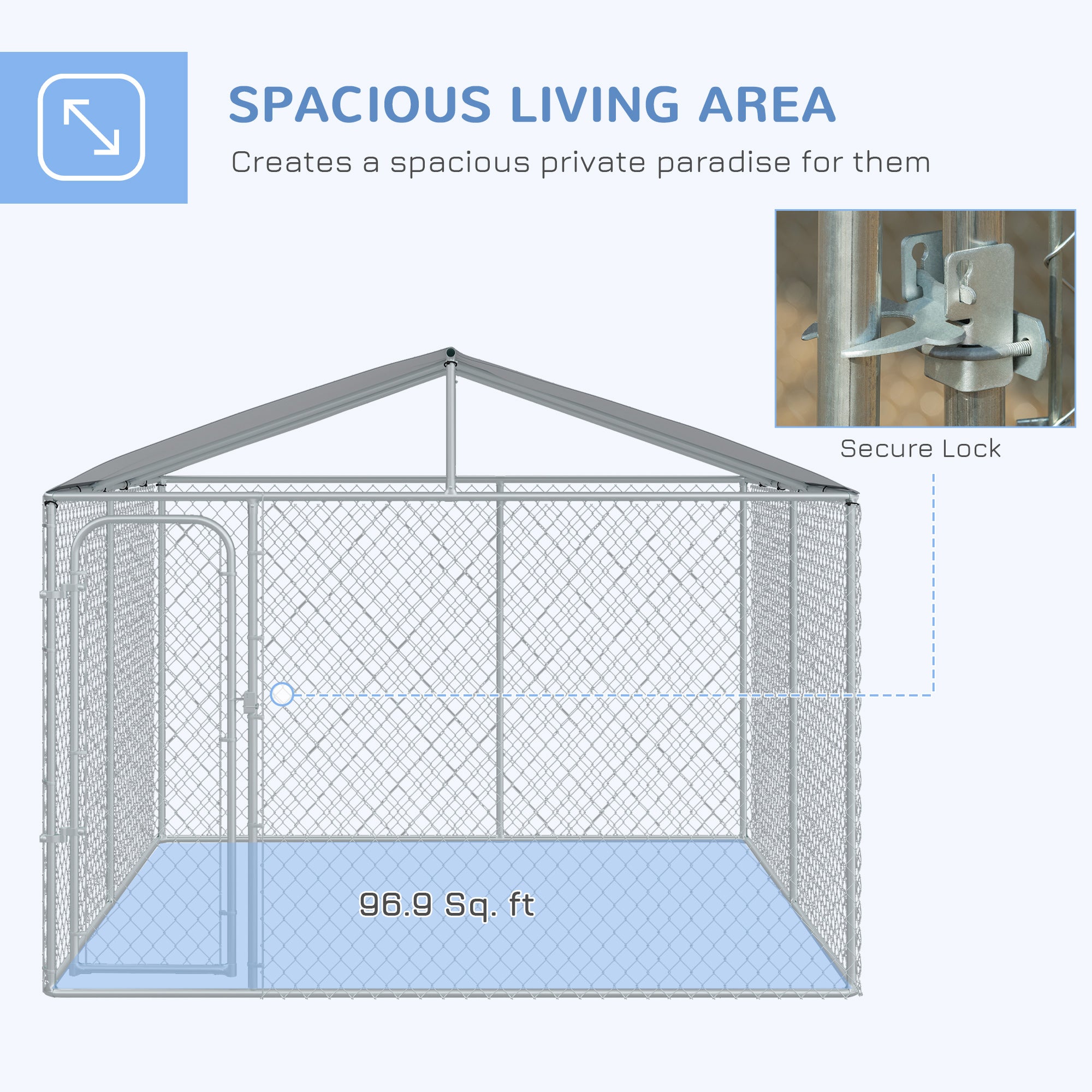 PawHut 10'Lx10'Wx6'H Large Outdoor Dog Kennel Playpen Galvanized Pet Exercise House Cage with Canopy Roof, Silver