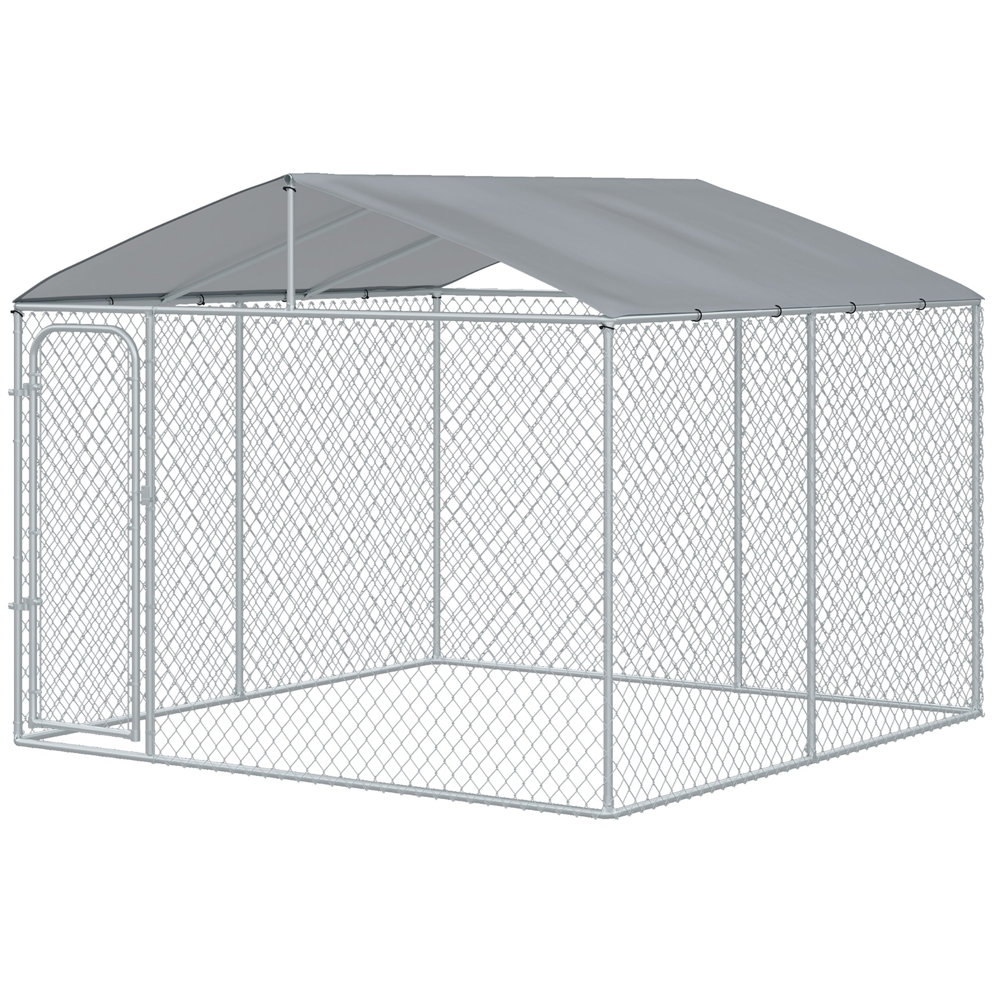 PawHut 10'Lx10'Wx6'H Large Outdoor Dog Kennel Playpen Galvanized Pet Exercise House Cage with Canopy Roof, Silver