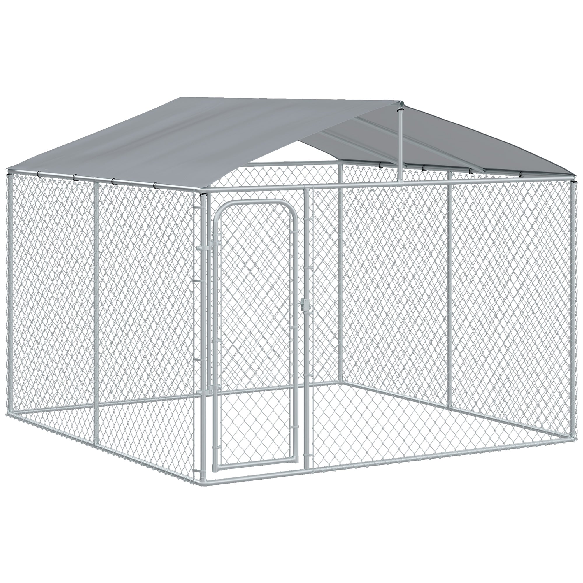 PawHut 10'Lx10'Wx6'H Large Outdoor Dog Kennel Playpen Galvanized Pet Exercise House Cage with Canopy Roof, Silver