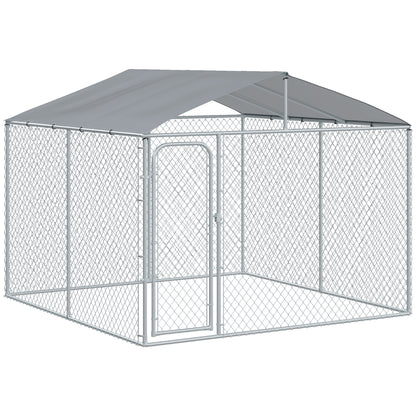 PawHut 10'Lx10'Wx6'H Large Outdoor Dog Kennel Playpen Galvanized Pet Exercise House Cage with Canopy Roof, Silver