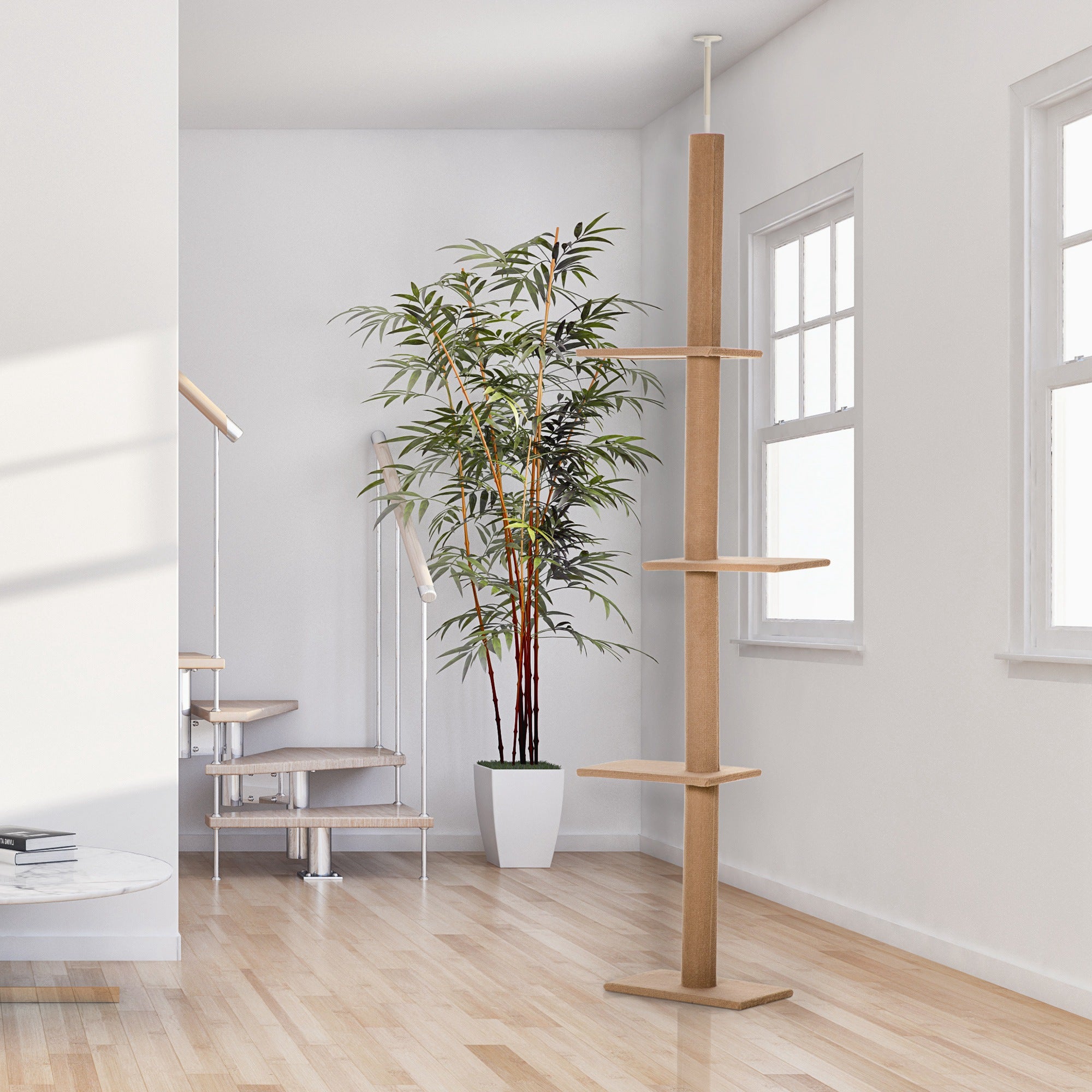 PawHut 260cm Floor To Ceiling Cat Tree for Indoor Cats w/ Three Platforms Activity Centre - Brown