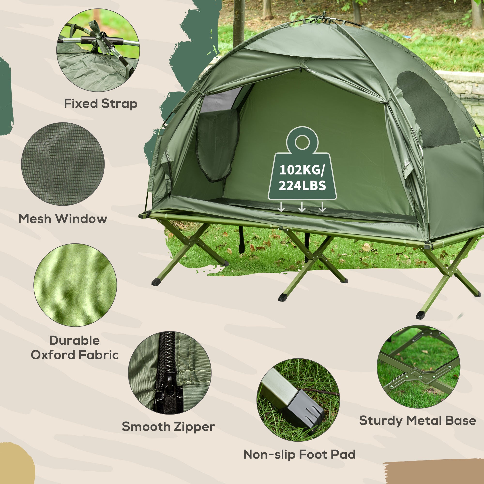 Outsunny Camping Cot Tent Compact Portable Folding Outdoor Elevated Combo Set with Carrying Bag, Green