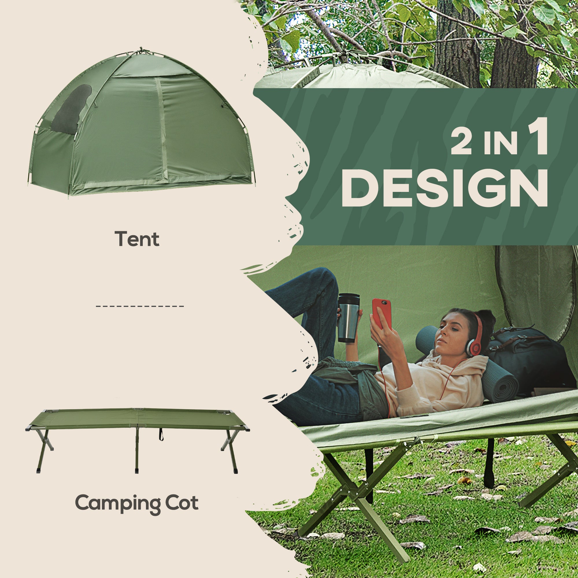 Outsunny Camping Cot Tent Compact Portable Folding Outdoor Elevated Combo Set with Carrying Bag, Green