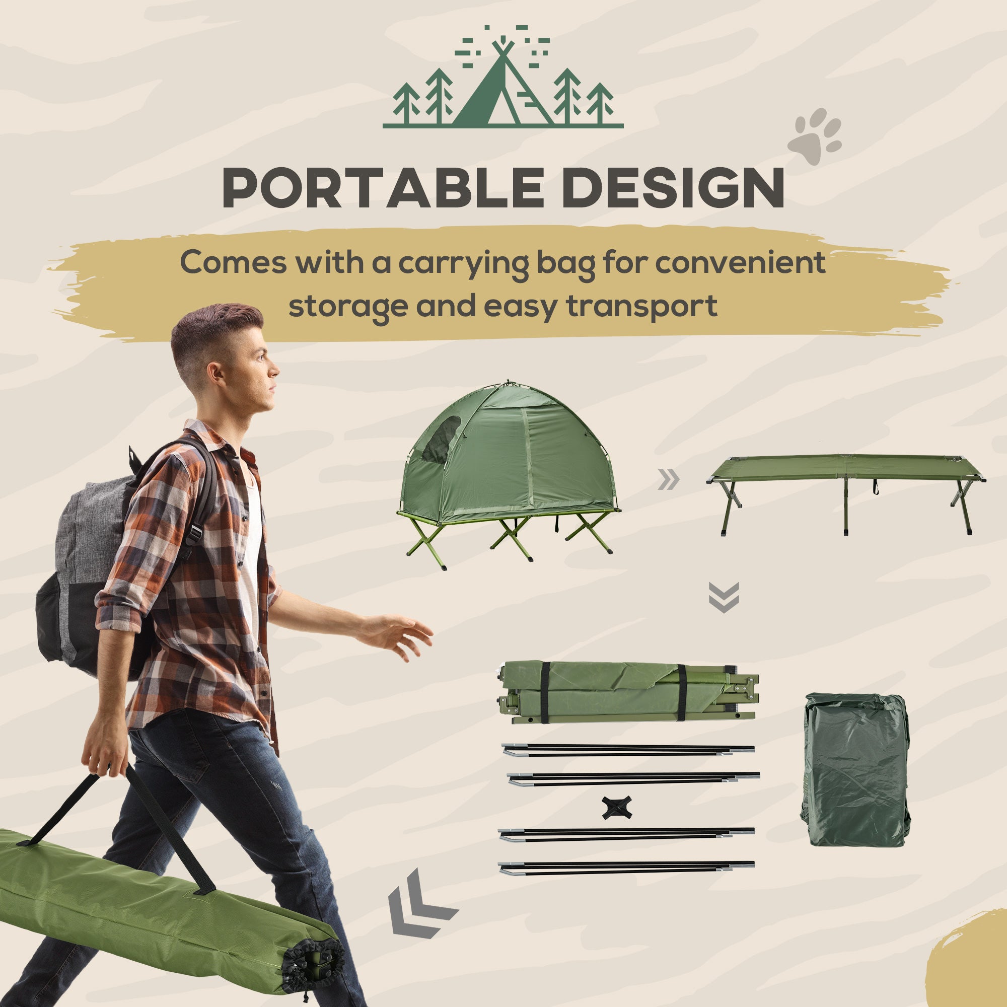 Outsunny Camping Cot Tent Compact Portable Folding Outdoor Elevated Combo Set with Carrying Bag, Green