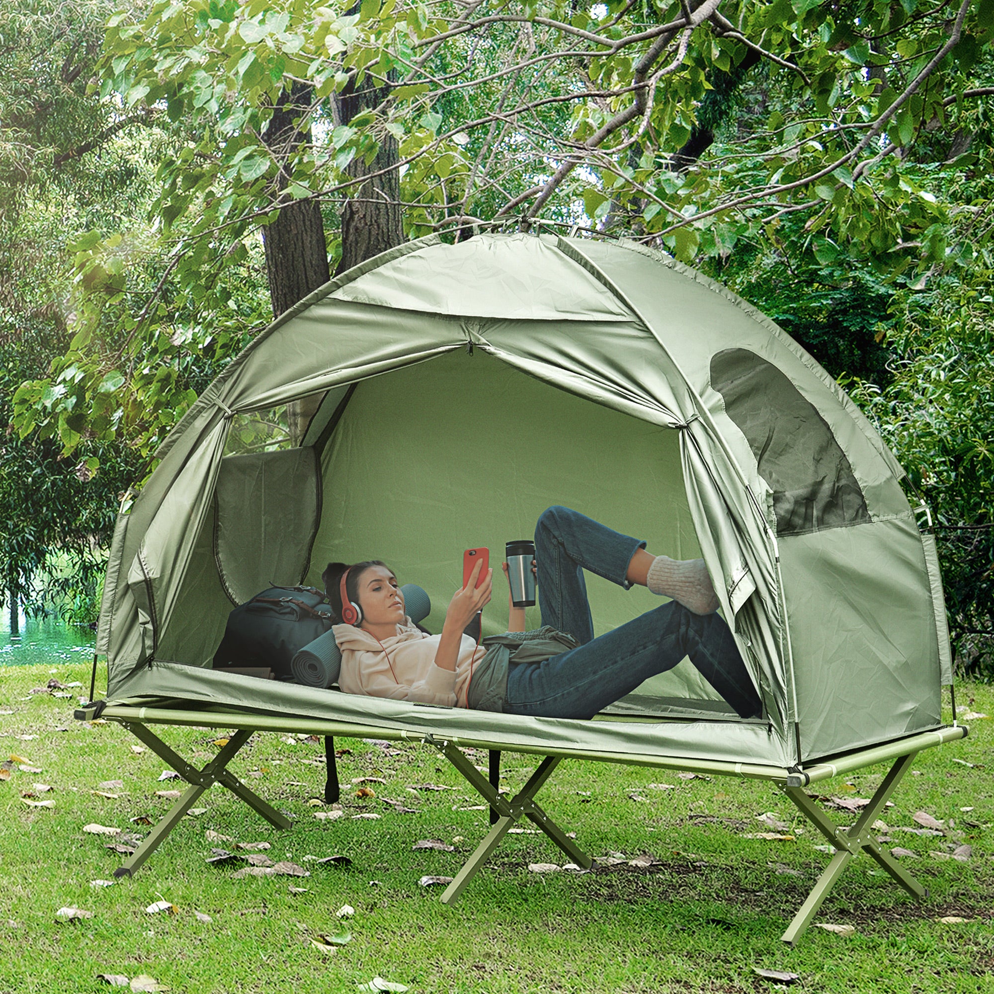 Outsunny Camping Cot Tent Compact Portable Folding Outdoor Elevated Combo Set with Carrying Bag, Green