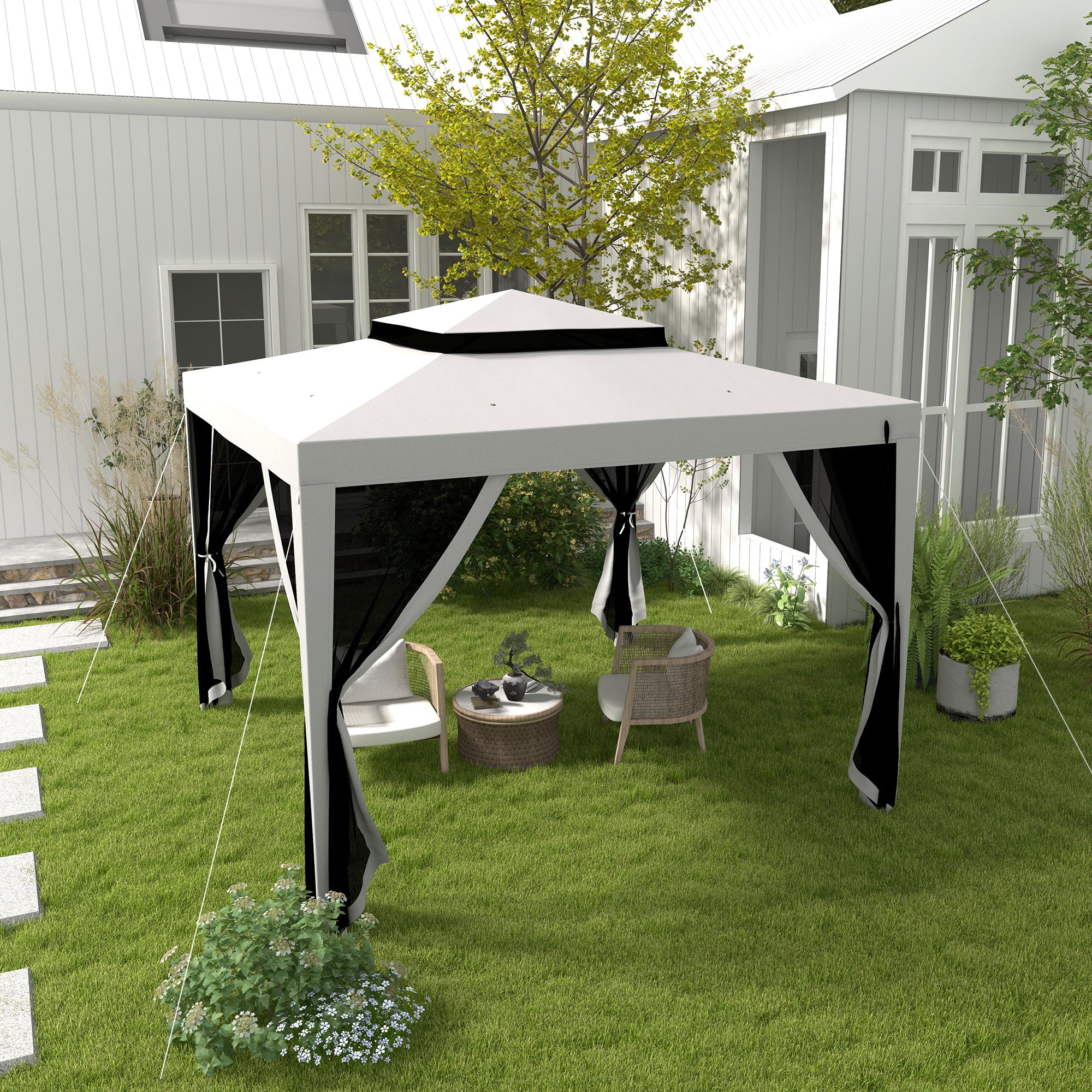 Outsunny 10' x 10' Canopy Tent, Party Tent with Mesh Netting and Double Tier Roof for Backyard, Garden, Patio, Outdoor, Light Grey