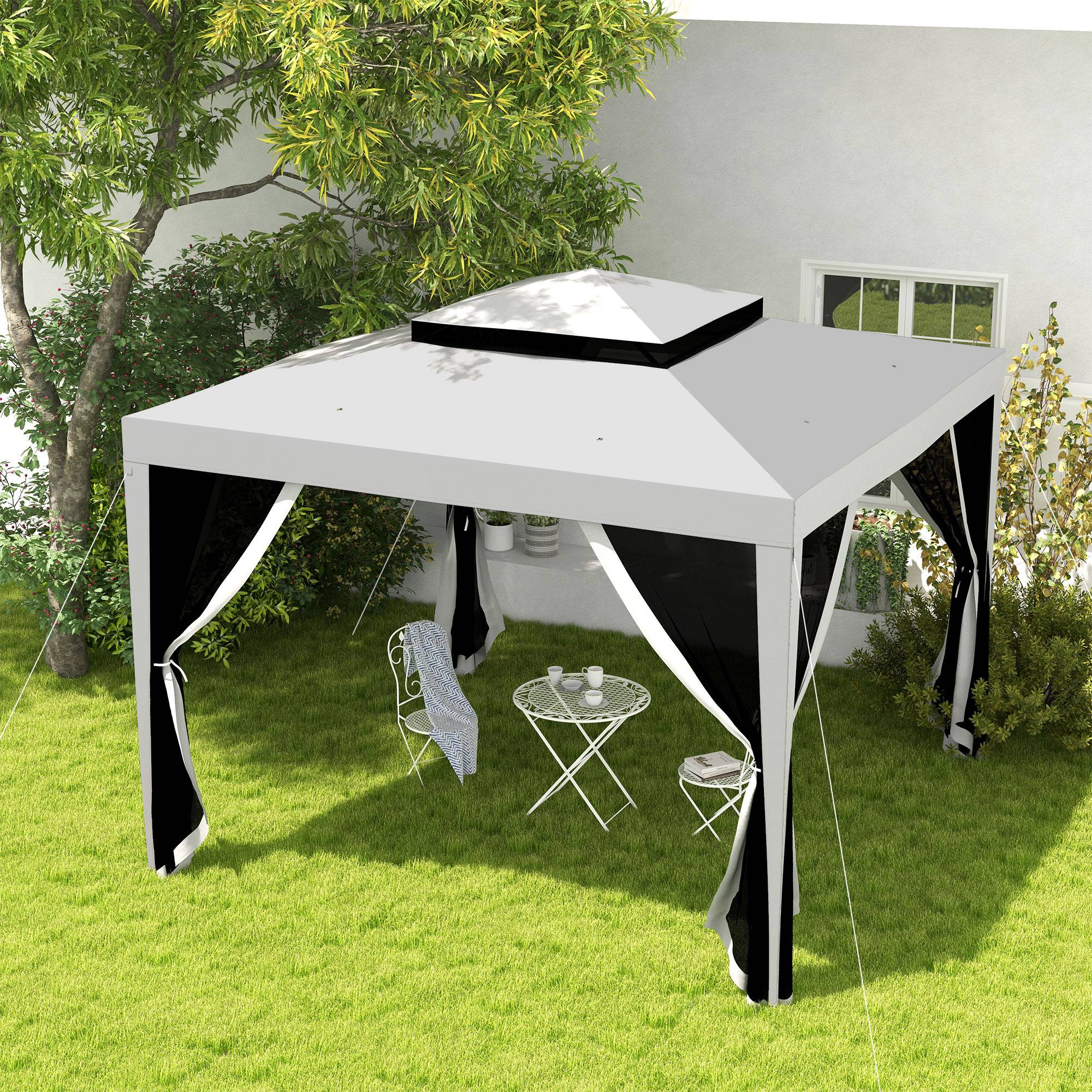 Outsunny 10' x 10' Canopy Tent, Party Tent with Mesh Netting and Double Tier Roof for Backyard, Garden, Patio, Outdoor, Light Grey