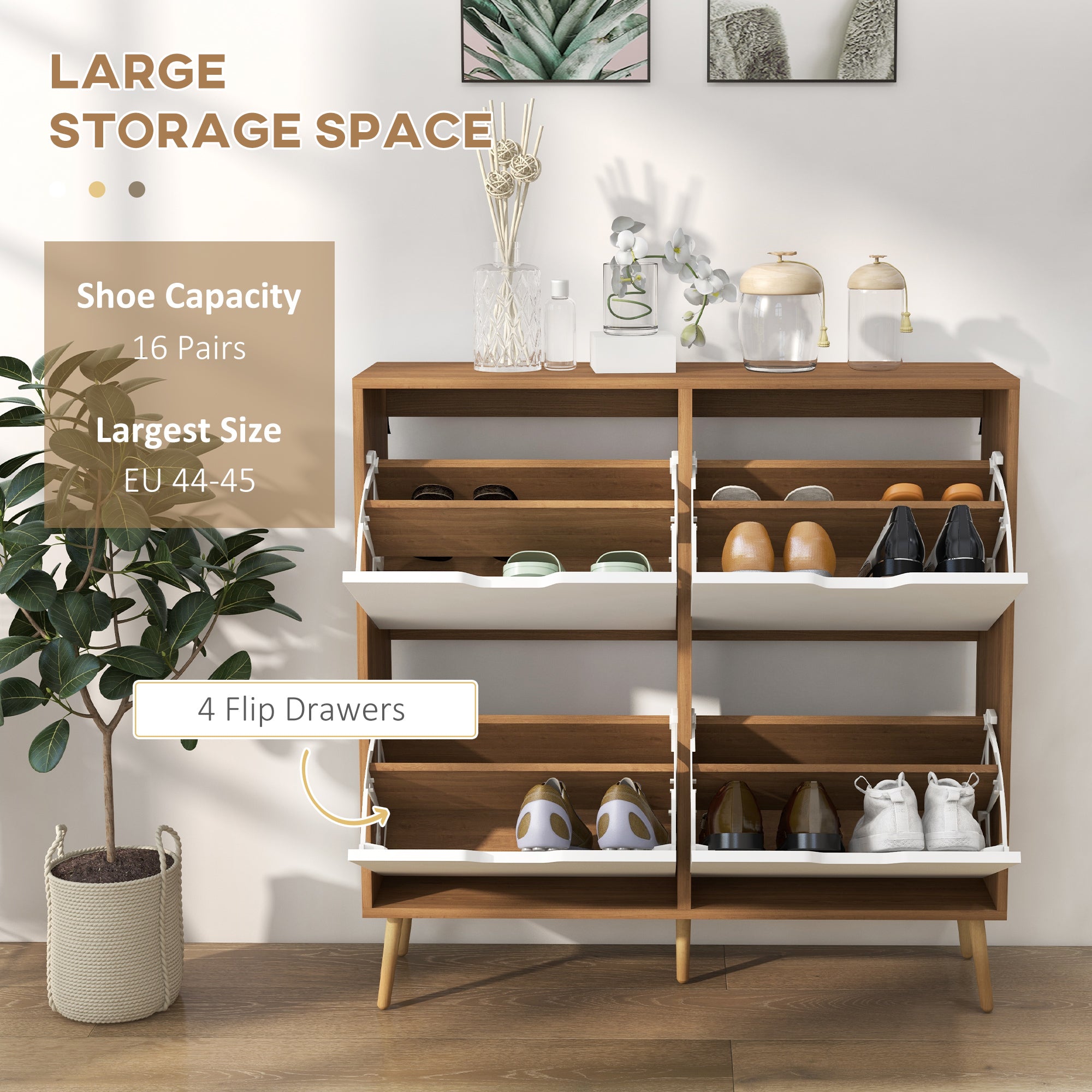 HOMCOM Shoe Cabinet with 4 Flip Drawers and Adjustable Shelf, Hallway Shoe Storage Cabinet for 16 Pairs of Shoes, Natural