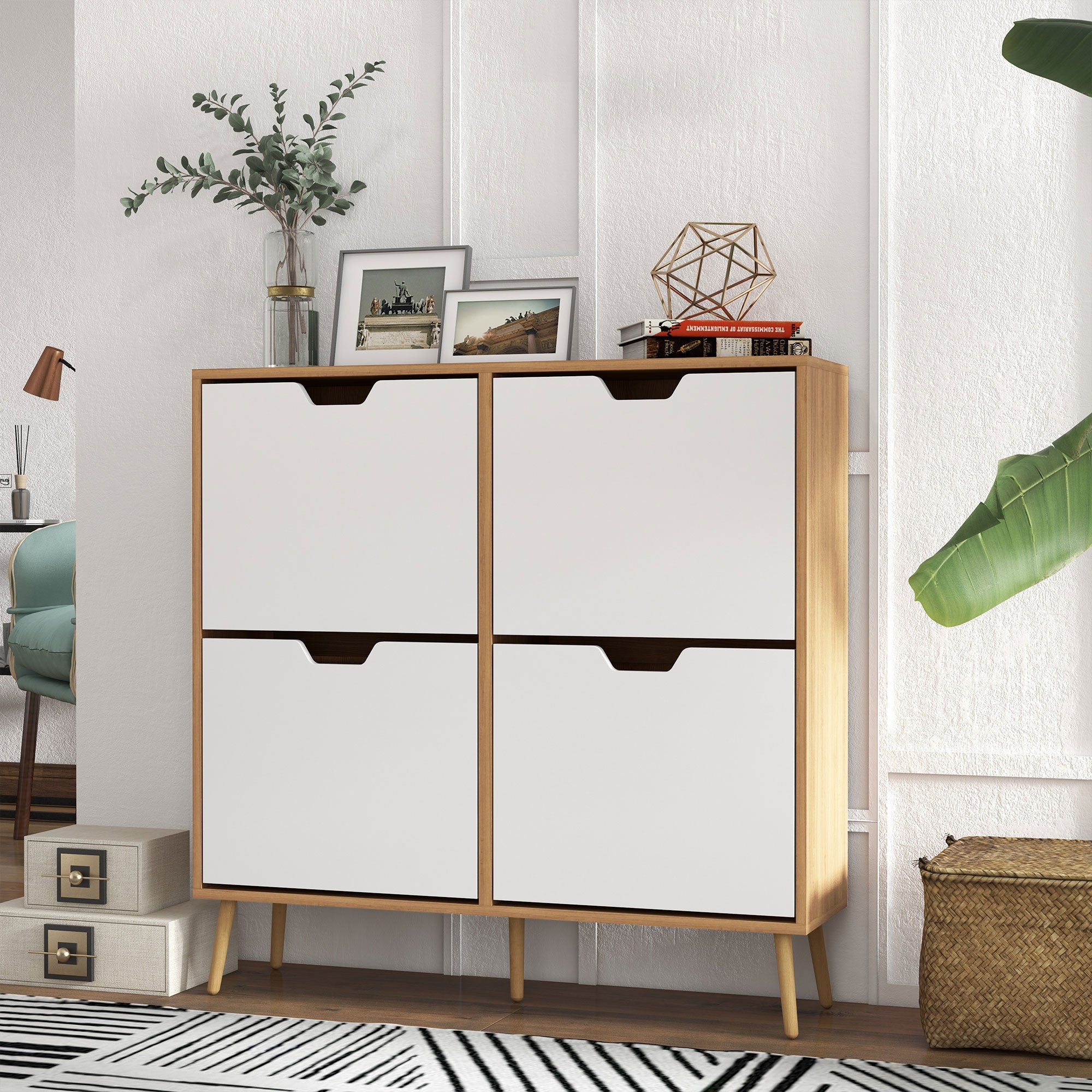 HOMCOM Shoe Cabinet with 4 Flip Drawers and Adjustable Shelf, Hallway Shoe Storage Cabinet for 16 Pairs of Shoes, Natural