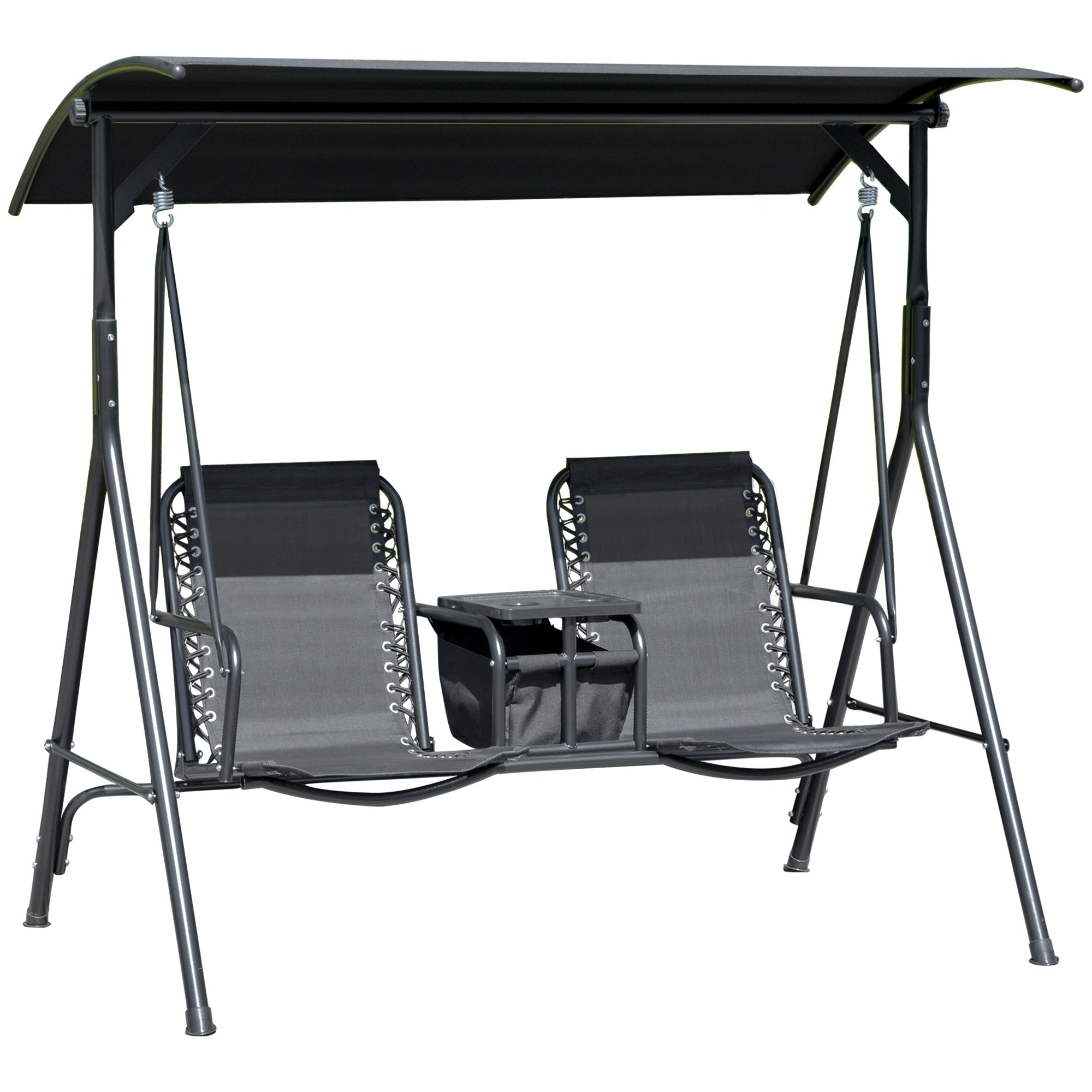 Outsunny 2 Person Covered Porch Swing Patio Swing with Pivot Storage Table, Cup Holder, & Adjustable Overhead Canopy, Black