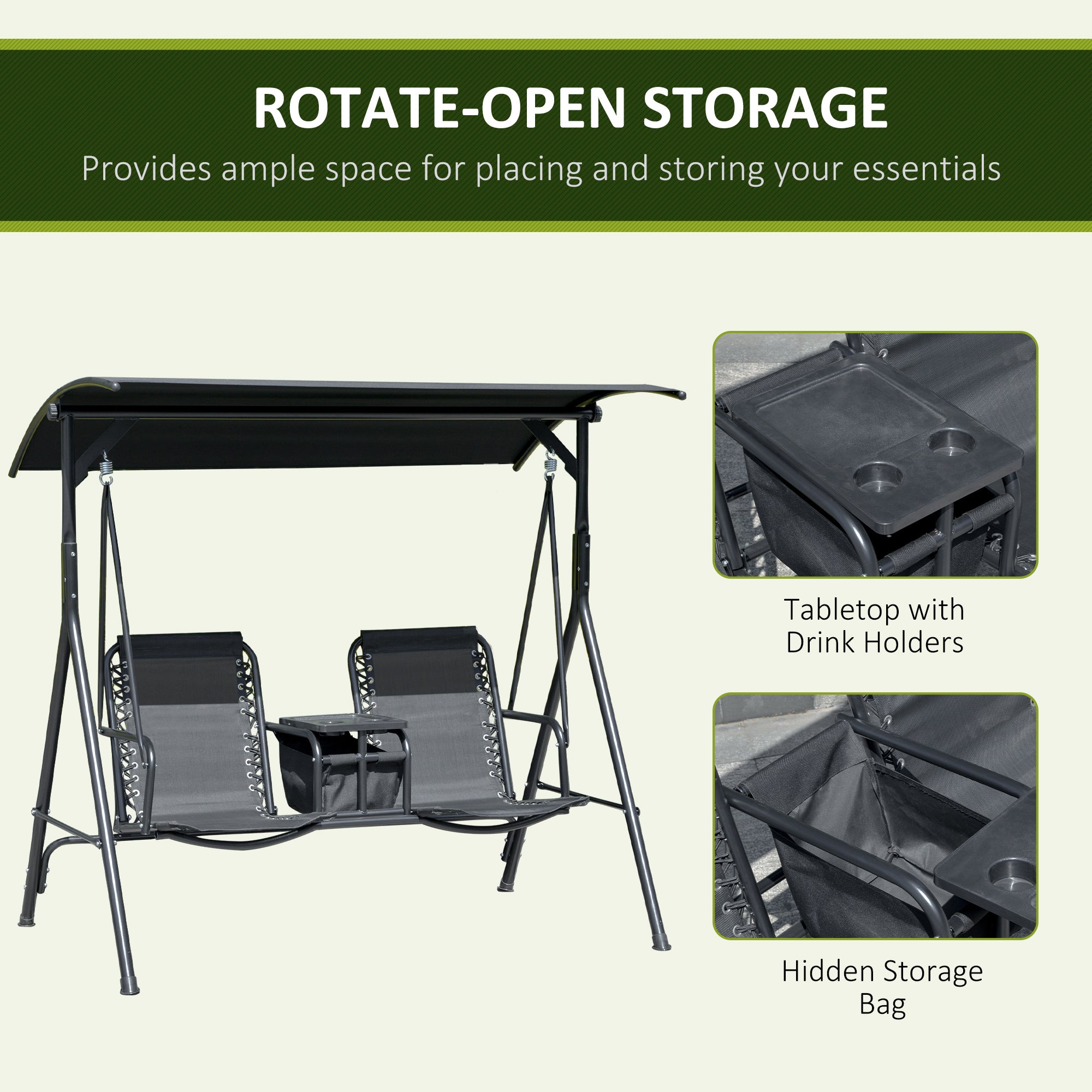 Outsunny 2 Person Covered Porch Swing Patio Swing with Pivot Storage Table, Cup Holder, & Adjustable Overhead Canopy, Black