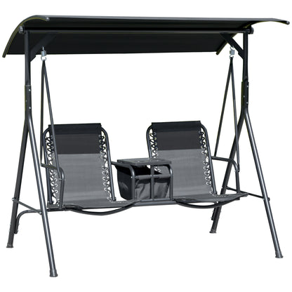 Outsunny 2 Person Covered Porch Swing Patio Swing with Pivot Storage Table, Cup Holder, & Adjustable Overhead Canopy, Black