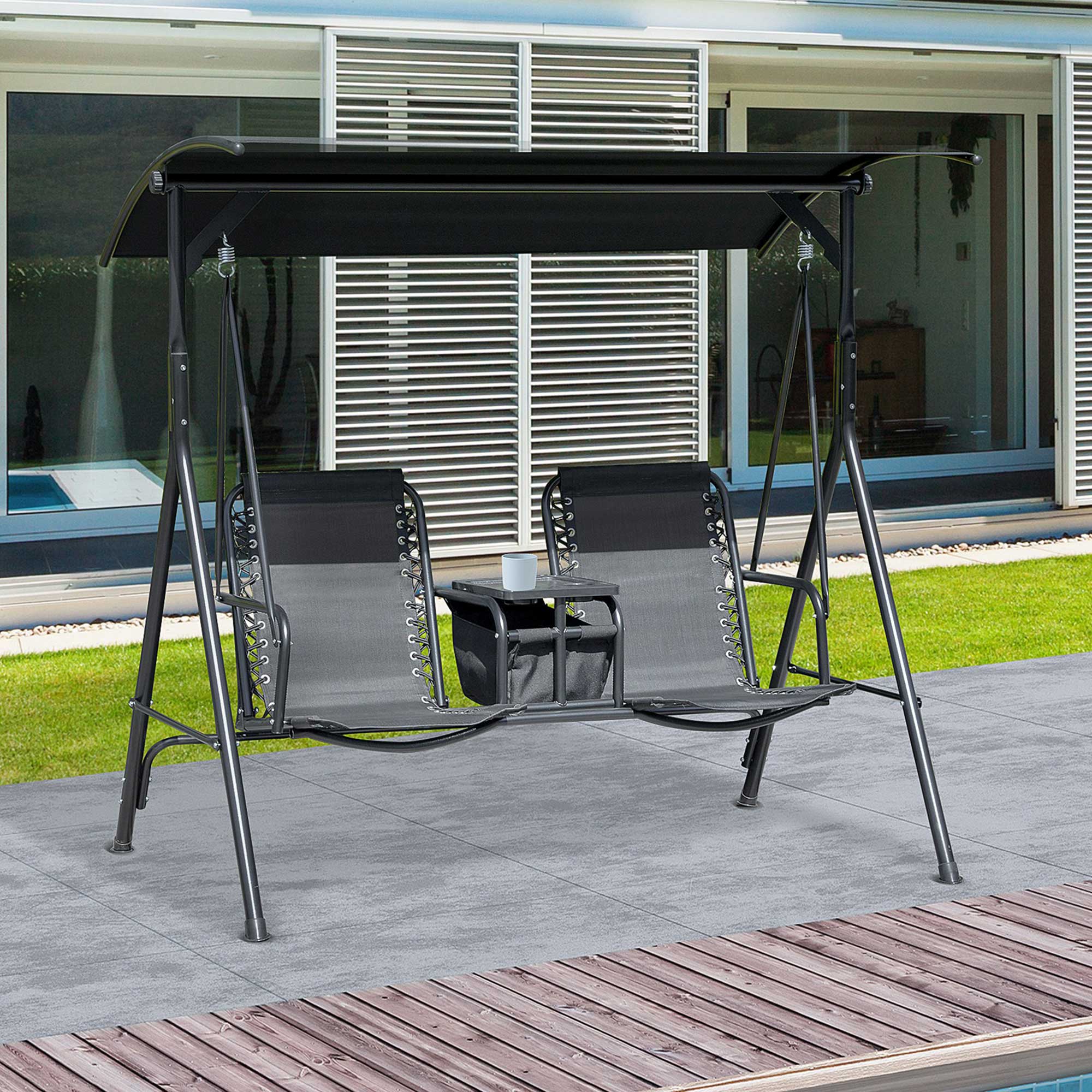 Outsunny 2 Person Covered Porch Swing Patio Swing with Pivot Storage Table, Cup Holder, & Adjustable Overhead Canopy, Black