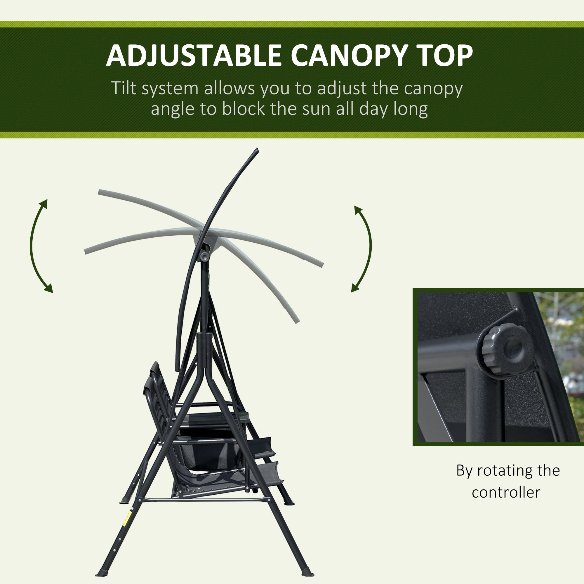 Outsunny 2 Person Covered Porch Swing Patio Swing with Pivot Storage Table, Cup Holder, & Adjustable Overhead Canopy, Black