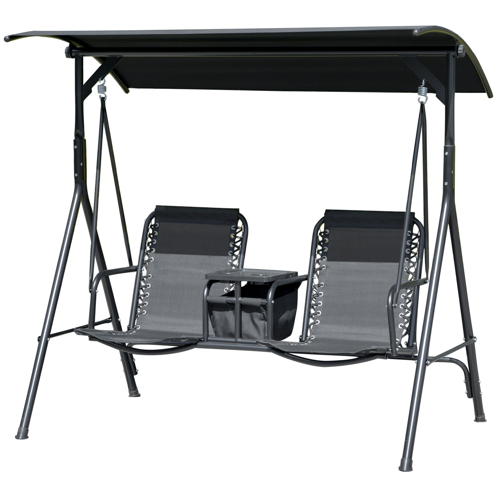 Outsunny 2 Person Covered Porch Swing Patio Swing with Pivot Storage Table, Cup Holder, & Adjustable Overhead Canopy, Black